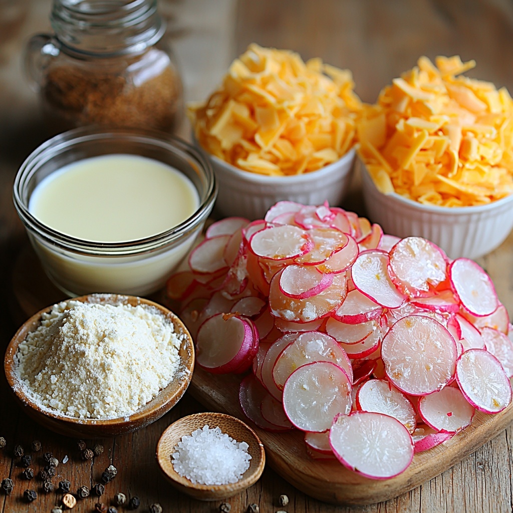 red potatoes whole and thinly sliced in neat piles, medium onion thinly sliced in delicate rings, small glass bowl with creamy melted butter, heap of golden all-purpose flour on a wooden spoon, vintage teaspoon with dry mustard powder, white ceramic jug filled with smooth milk, small rustic bowls containing shredded vibrant orange cheddar cheese and pale yellow gruyere cheese, sprinkling of coarse salt crystals and whole black peppercorns scattered artistically, all arranged on a clean, light-colored wooden surface with soft natural lighting highlighting the rich colors and varied textures, subtle shadows adding depth, minimal props emphasizing freshness and simplicity, overhead shot, top down view, flat lay photography, professional food styling --ar 1:1 --q 2 --s 750 --v 6.1