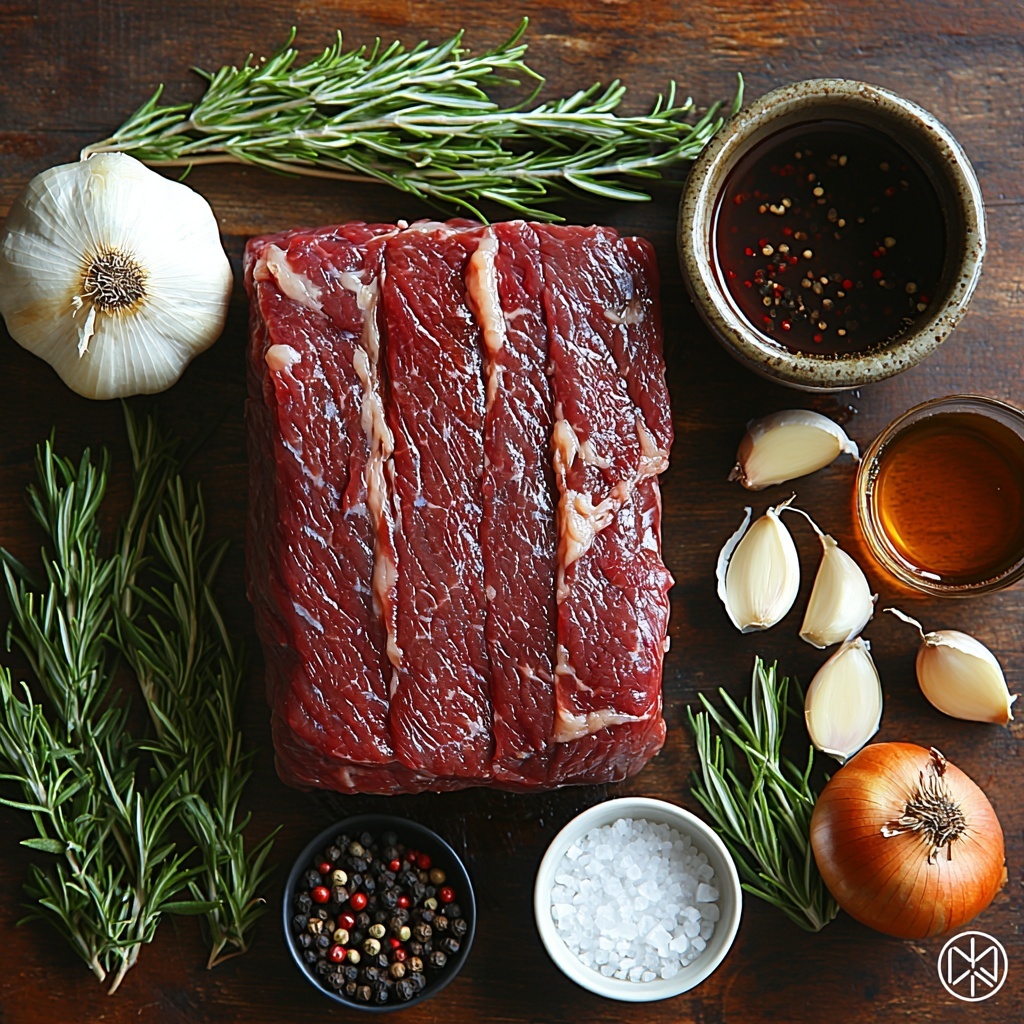 /Imagine prompt: A clean, rustic wooden surface with the main ingredients for a slow-braised beef roast beautifully arranged for a flat lay shot. Centerpiece is a large raw beef roast, deep red with marbling and a slight sheen. Surrounding it are a cluster of fresh rosemary sprigs with vibrant green needles, a small pile of coarse salt and cracked black peppercorns, and a small white ceramic bowl filled with rich, golden olive oil. Nearby, a halved onion and a mound of roughly chopped white onion pieces show layers and texture. Four garlic cloves, peeled and whole, are scattered artfully alongside a small clear glass bowl of deep red cranberry juice and another bowl containing dark, glossy balsamic vinegar. A rustic ceramic jug or bowl holds rich, brown beef broth with subtle reflections on its surface. The ingredients are spaced evenly with natural shadows and highlights emphasizing their textures—the smooth liquid surfaces, fibrous onion layers, and meaty texture of the roast. The overall color palette is earthy and warm with deep reds, greens, golden yellows, and neutral browns. Natural light from one side casts soft, inviting shadows. The composition feels balanced yet relaxed, perfect for professional food styling. overhead shot, top down view, flat lay photography, professional food styling --ar 1:1 --q 2 --s 750 --v 6.1