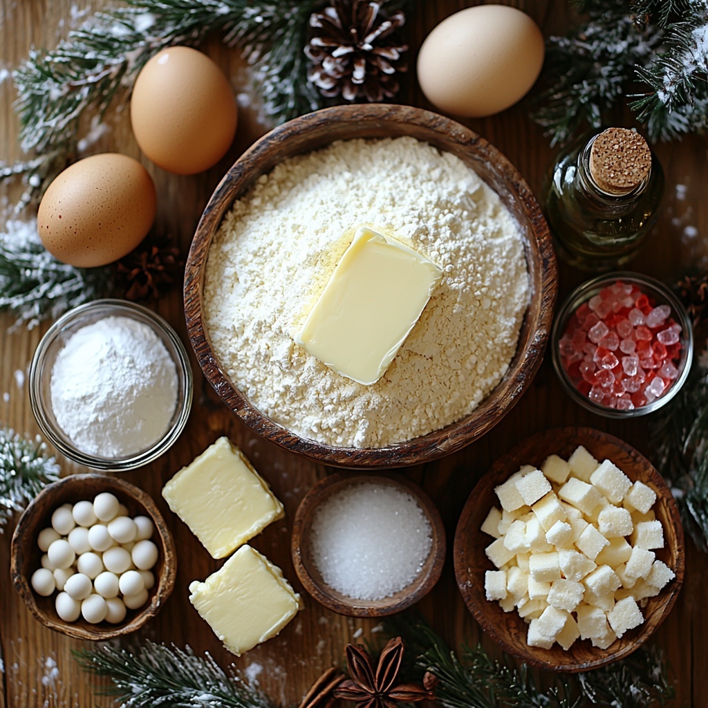 A clean wooden surface with the main ingredients for Christmas sugar cookies arranged neatly in a flat lay style: a rustic ceramic bowl filled with white all-purpose flour, a small glass bowl containing white baking powder, a tiny dish with fine white salt, a smooth block of pale yellow unsalted butter softened on a wooden butter knife, a clear glass bowl heaped with sparkling granulated sugar, one large brown egg resting in an open egg carton, a small glass bottle of amber vanilla extract with a wooden cork, two small bowls filled with vibrant red and green decorating sugar crystals side by side. The ingredients are spaced evenly with natural light casting soft shadows emphasizing textures—powdery flour, granular sugar sparkle, glossy smooth egg shell, creamy butter texture, and sparkling colored sugar crystals. Subtle festive elements such as a sprig of pine and a cinnamon stick lie gently near the edges for seasonal styling. The overall composition is bright, clean, and inviting with a focus on natural colors and rustic charm. Overhead shot, top down view, flat lay photography, professional food styling --ar 1:1 --q 2 --s 750 --v 6.1