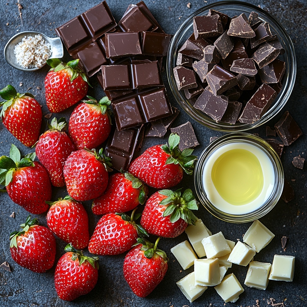 A clean, bright surface showcasing fresh, ripe red strawberries with green leafy tops, vibrant and glossy; next to neatly chopped dark chocolate chunks, deep rich brown with a smooth texture; alongside chopped white chocolate pieces, creamy ivory color with a slightly matte finish; a small glass bowl of melted dark chocolate, glossy and silky; a similar bowl with melted white chocolate, creamy and smooth; a tablespoon of clear, shiny coconut oil in a small dish; parchment paper partially visible beneath some strawberries; the ingredients carefully spaced to create a balanced, visually appealing composition with natural light enhancing the vivid colors and textures, subtle shadows for depth, minimalistic and elegant styling, soft neutral background, overhead shot, top down view, flat lay photography, professional food styling --ar 1:1 --q 2 --s 750 --v 6.1