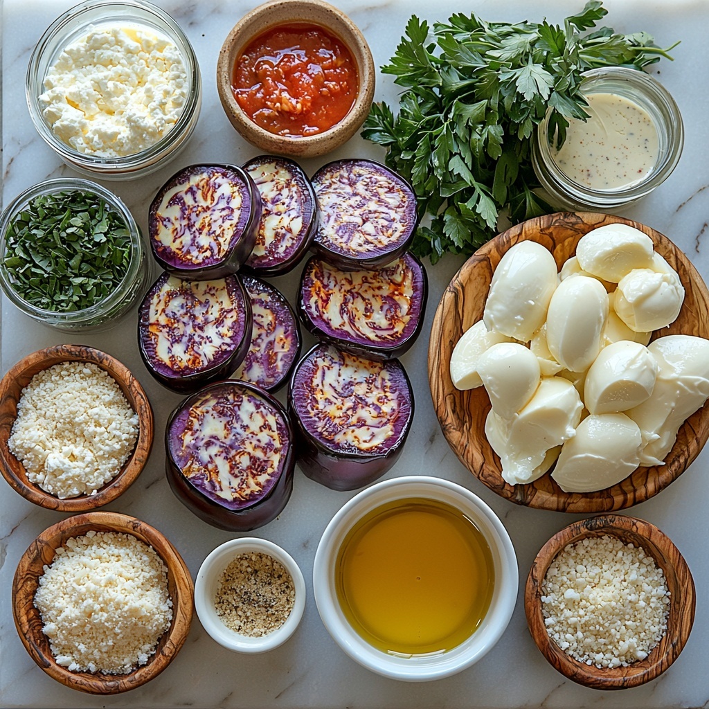 a clean white marble surface neatly arranged with the main ingredients for Eggplant Parmesan: two small glossy deep purple eggplants sliced into rounds, a small white bowl of all-purpose flour with a dusting of flour around it, a small glass bowl of golden vegetable oil shimmering under soft light, a rustic wooden bowl filled with golden crispy Panko breadcrumbs, a small white ramekin holding a pale yellow mixture of whisked eggs with a hint of creamy texture, a small dish of bright red marinara sauce with visible tomato chunks, a heap of shredded mozzarella cheese in creamy off-white, a small pile of finely grated parmesan cheese showing a snowy texture, fresh sprigs and loose leaves of vibrant green chopped parsley scattered lightly around for color contrast, small ceramic bowls containing pale yellow Dijon mustard and heavy cream, and small containers with onion powder, paprika, salt, and garlic salt powders arranged neatly as tiny mounds. The ingredients are spaced evenly with soft natural light casting gentle shadows to enhance the variety of textures—smooth glossy eggplant skin, rough breadcrumbs, creamy cheeses, and fresh herbs—creating a warm, inviting atmosphere. overhead shot, top down view, flat lay photography, professional food styling --ar 1:1 --q 2 --s 750 --v 6.1