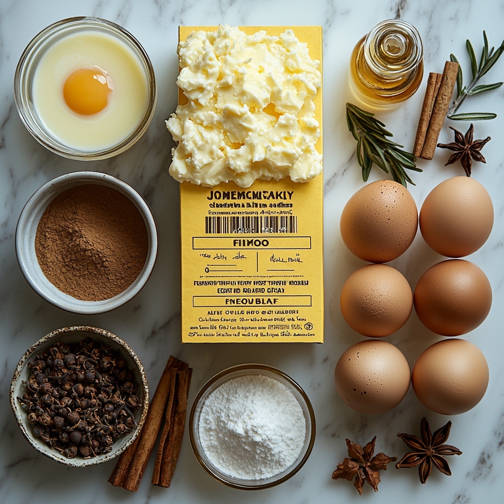 Yellow cake mix box with bright yellow and white packaging, a glass measuring cup filled with creamy pale yellow eggnog, three large brown eggs arranged neatly in a row, a small bowl of melted golden unsalted butter shimmering under the light, a white bowl of fine white granulated sugar, a tiny dish containing warm brown ground cinnamon powder, another small dish with light brown ground nutmeg, and a small glass bottle of rich amber vanilla extract with a stopper, all carefully spaced on a clean white marble surface. Soft natural light enhances the warm, cozy tones; subtle shadows add depth; a few rustic cinnamon sticks and a small sprig of fresh green rosemary are artfully placed for festive accents. Overhead shot, top down view, flat lay photography, professional food styling --ar 1:1 --q 2 --s 750 --v 6.1