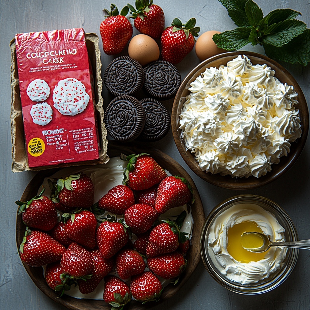 Strawberry cake mix box, fresh eggs in a rustic carton, clear vegetable oil bottle, two small bright red packages of strawberry jello, steaming cup of boiling water in a glass mug, fluffy white Cool Whip in a bowl with a silver spoon, golden Oreo cookies stacked and scattered, small glass bowl of melted butter with a butter knife, a cluster of vibrant fresh strawberries with green leaves, all neatly arranged on a clean white surface. The scene features contrasting textures: smooth jello packets, powdery cake mix, glossy fresh strawberries, crumbly golden Oreos, and creamy Cool Whip. Natural soft lighting highlights the rich reds and warm golden tones, creating a fresh and inviting composition with ample negative space around each ingredient. Overhead shot, top down view, flat lay photography, professional food styling --ar 1:1 --q 2 --s 750 --v 6.1