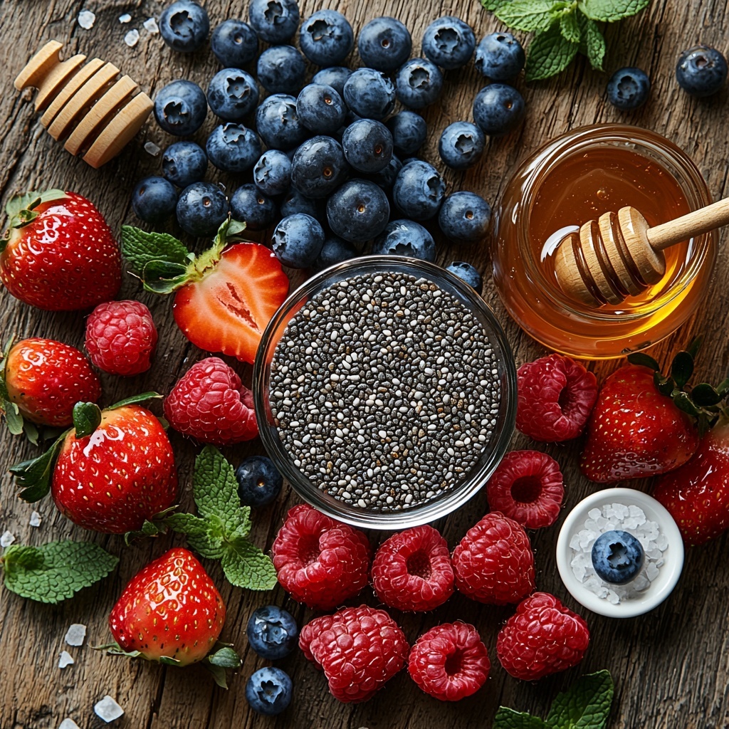 Chia seeds in a small clear glass bowl, surrounded by a cup of creamy almond milk in a white ceramic jug, a small glass jar of golden honey with a wooden honey dipper resting on its side, a delicate glass bottle of vanilla extract with a cork stopper, a pinch of coarse sea salt in a tiny white porcelain dish, and a vibrant assortment of fresh berries including bright red strawberries, deep blue blueberries, and rich purple raspberries arranged in a loose cluster nearby. All ingredients are neatly spaced on a clean, light wooden surface with soft natural lighting highlighting the varied textures—the tiny, glossy chia seeds, smooth milk surface, glistening honey, and fresh, plump berries with their subtle sheen. The composition is balanced with a rustic yet modern aesthetic, minimal shadows, and a neutral color palette that emphasizes the natural colors of the ingredients. overhead shot, top down view, flat lay photography, professional food styling --ar 1:1 --q 2 --s 750 --v 6.1