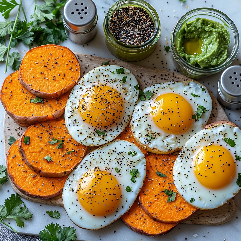 sweet potato slices, whole large sweet potato, small bowl of mashed avocado, four cooked sunny-side-up eggs with runny yolks, glass container of Primal Kitchen avocado oil, small dish of everything bagel seasoning, fresh cilantro sprigs scattered, salt and pepper shakers; ingredients arranged neatly on a clean white marble surface, vibrant warm orange sweet potato slices contrasting with the creamy green mashed avocado and yolk yellow eggs; varied textures from smooth avocado, soft eggs, and rustic sweet potato skin; natural soft lighting highlighting freshness and color saturation; minimal shadows; a few avocado oil droplets glistening; slight rustic wooden serving board underneath some ingredients for depth, casual yet elegant styling with a few cilantro leaves artfully placed around for pop of green; overhead shot, top down view, flat lay photography, professional food styling --ar 1:1 --q 2 --s 750 --v 6.1
