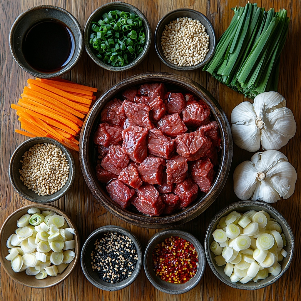 3- A vibrant flat lay of the main ingredients for Aromatic Beef Scallion Noodle Soup artfully arranged on a clean, light wooden surface. Centered is a rustic bowl of shredded, tender boneless beef chuck roast with rich reddish-brown tones and visible juicy texture. Surrounding it neatly are small bowls and piles of thinly sliced garlic cloves—creamy white and slightly translucent—finely chopped fresh ginger with pale yellow hues and a slightly fibrous texture. A bundle of bright green scallions is carefully separated into thinly sliced whites and vivid green tops, laid out in elegant, fanned lines. Nearby, delicate matchsticks of fresh carrot add pops of bright orange color with a crisp texture. Small ceramic dishes hold dark amber soy sauce and glossy black rice vinegar, their liquids catching soft light. A small glass container of toasted sesame oil with a golden sheen and a tiny bowl of vibrant red crispy chili oil add warmth to the palette. Scattered coarse kosher salt crystals and freshly ground black peppercorns provide contrast in texture. A small heap of dried ramen noodles displays their pale beige, curly form, adding subtle natural tones and intricate patterns. The overall composition is clean, balanced, and inviting, with natural diffused lighting emphasizing the freshness and variety of colors and textures. The scene evokes warmth and anticipation, styled with professional food photography precision to highlight each ingredient’s unique visual appeal. Overhead shot, top down view, flat lay photography, professional food styling --ar 1:1 --q 2 --s 750 --v 6.1