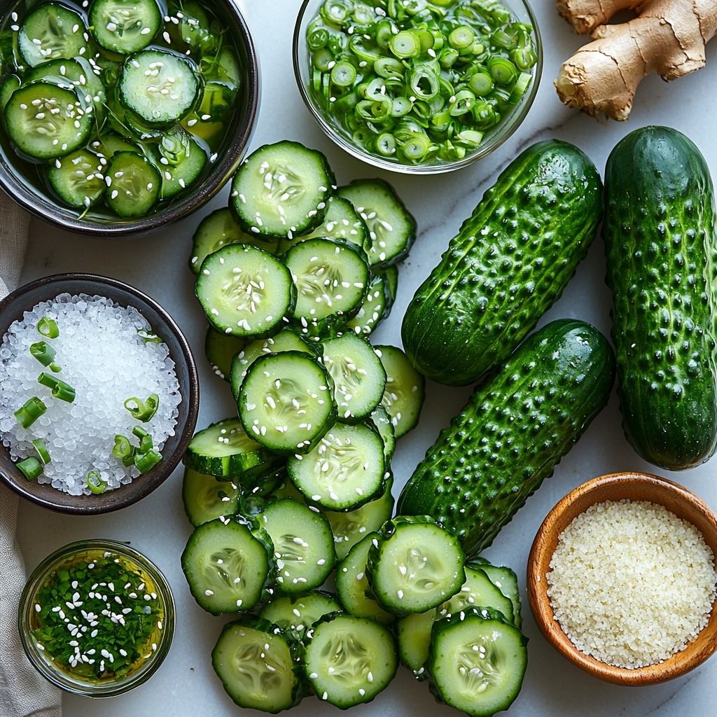 4- 500g fresh cucumbers, whole and smashed pieces showing vibrant green skin and pale juicy interior, small bowls containing coarse salt, roughly chopped bright green coriander/cilantro, thinly sliced crisp green onions, a glass bowl with translucent rice vinegar, a small dish of glossy toasted sesame oil, fresh ginger root next to a small pile of finely grated pale yellow ginger, a shallow bowl with dark glossy soy sauce, a tiny heap of white granulated sugar; all ingredients carefully arranged on a clean, smooth white marble surface with natural soft daylight highlighting their vivid colors and varied textures, subtle shadows adding depth, minimalistic styling with a few wooden spoons and a linen napkin casually placed for warmth, small droplets of moisture on cucumbers to convey freshness, overhead shot, top down view, flat lay photography, professional food styling --ar 1:1 --q 2 --s 750 --v 6.1