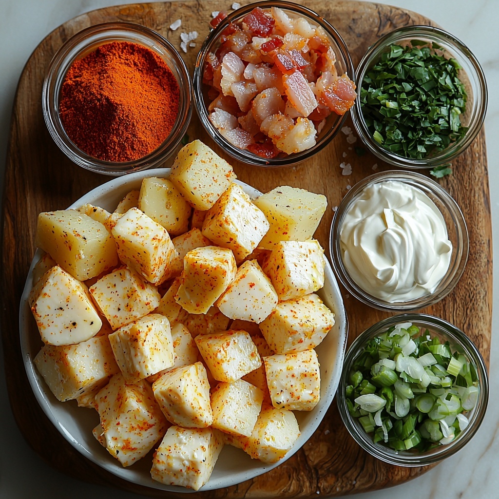 5- 4 medium peeled russet potatoes cut into 1-inch cubes, raw and pale yellow, scattered loosely in a small bowl; 3 tablespoons glossy golden olive oil in a clear glass measuring spoon; small heaps of vibrant red paprika powder, fine white garlic powder, and off-white onion powder arranged neatly on a clean white ceramic plate; a small pile of coarse salt and freshly ground black pepper in separate tiny dishes; 1 1/2 pounds boneless skinless chicken breasts cut into bite-sized cubes, plump and pale pink, displayed on a rustic wooden cutting board; shredded bright orange cheddar cheese heaped generously in a white bowl; crispy crumbled bacon pieces with deep reddish-brown and slightly glossy textures on a small rustic plate; finely chopped fresh green onions with vivid green and white hues in a delicate glass ramekin; a dollop of smooth creamy white sour cream served in a small white ceramic bowl; all ingredients arranged separately but harmoniously on a clean light marble surface with soft natural light casting gentle shadows, showcasing diverse textures and vibrant colors in an inviting composition. Overhead shot, top down view, flat lay photography, professional food styling --ar 1:1 --q 2 --s 750 --v 6.1