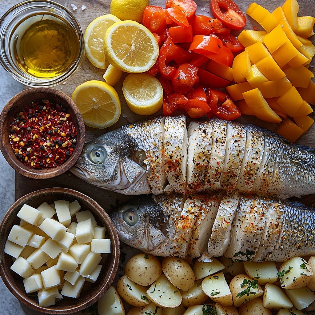 4- 4 tbsp unsalted butter in a small rustic bowl, 3 tbsp golden olive oil in a glass dish, scattered coarse garlic powder, dried oregano leaves, and vibrant red paprika powder, fresh bright yellow lemon juice in a small measuring cup, tiny pinch of crushed red pepper flakes on a wooden spoon, coarse salt and cracked black pepper grains artfully scattered, two whole cleaned and gutted branzino fish with shiny silvery skin and clear eyes, thin translucent slices of garlic cloves laid out in a neat row, thick rings of white onion with slightly rough texture, one whole lemon sliced into thin bright yellow rounds, another lemon quartered with juicy pulp exposed, a small bundle of chopped deep green parsley, 2 tbsp olive oil in a small glass container, a half cup of clear white wine in a delicate glass, rustic raw potatoes cut into uniform 1-inch cubes with pale beige skin, colorful bell peppers in red, yellow, and green cut into 1-inch pieces arranged in a semi-circle. All ingredients thoughtfully spaced on a clean white textured surface with natural soft daylight creating gentle shadows, subtle reflections highlighting textures, and minimal rustic props such as a wooden spoon and linen napkin partially in frame. overhead shot, top down view, flat lay photography, professional food styling --ar 1:1 --q 2 --s 750 --v 6.1