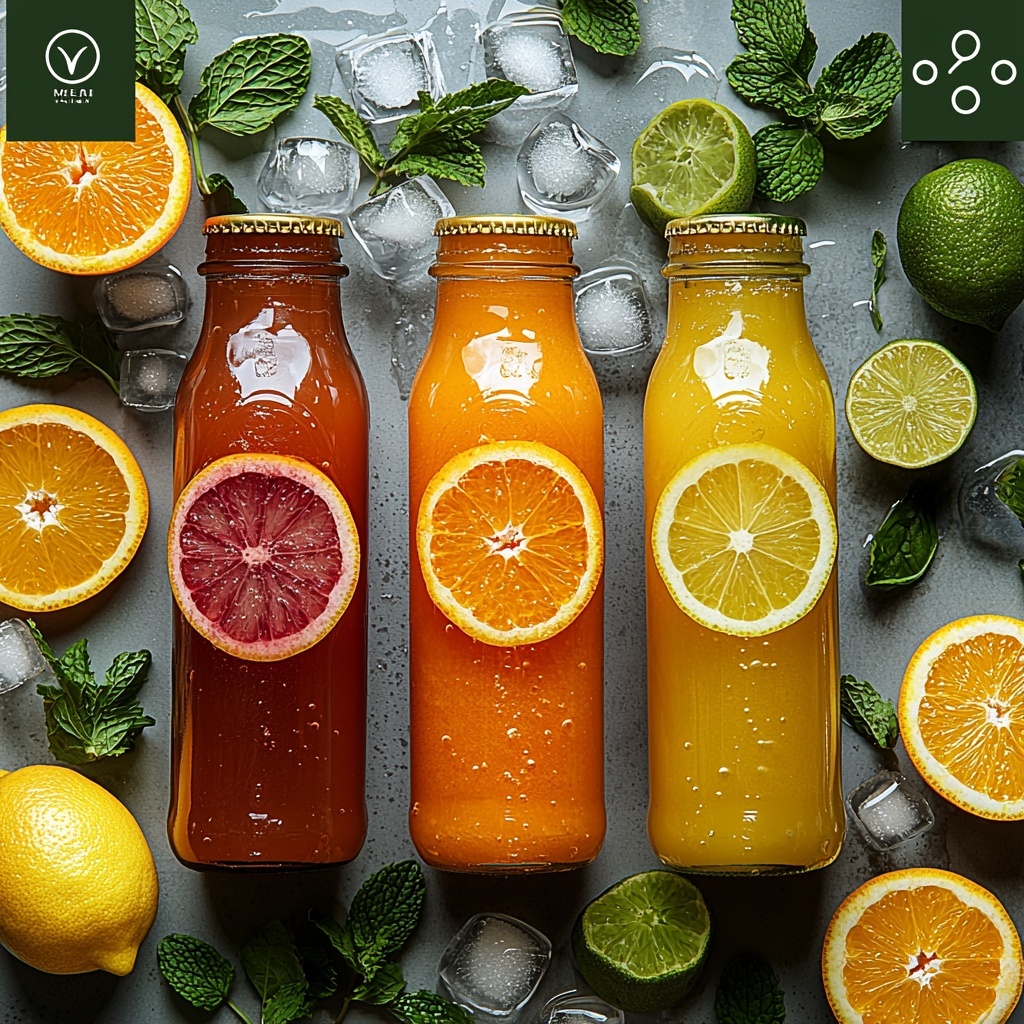 Carrot juice in a clear glass measuring cup with a rich orange color, vibrant orange juice in a glass jar, fizzy lemon-lime soda in a transparent bottle with bubbles visible, fresh orange slices showcasing bright orange flesh and textured rind, lime slices with a zesty green color and glossy surface, lemon slices with sunny yellow hues and slight translucence, sprigs of fresh mint with deep green leaves and delicate veins, clear ice cubes with sharp edges scattered artfully around the ingredients, all arranged neatly on a spotless white or light wooden surface for strong contrast, balanced composition with ingredients evenly spaced to highlight vibrant colors and natural textures, soft natural lighting emphasizing freshness, subtle shadows for depth, minimalistic and clean styling with a modern aesthetic, overhead shot, top down view, flat lay photography, professional food styling --ar 1:1 --q 2 --s 750 --v 6.1
