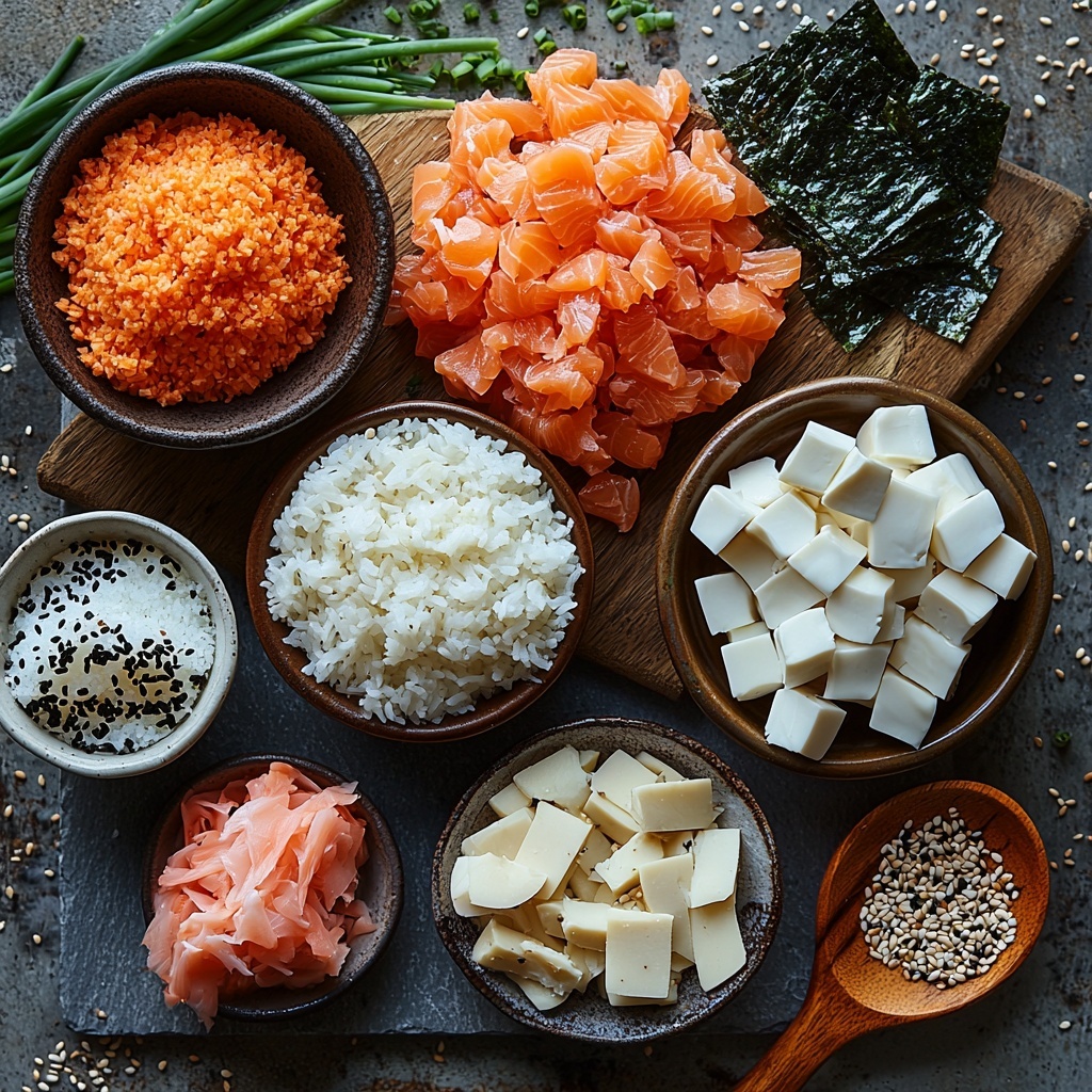 2 cups uncooked sushi rice in a rustic ceramic bowl, glossy white grains contrasted against a dark surface; small glass bowl with pale amber rice vinegar, next to a white dish holding fine white sugar and a pinch of salt; a pile of shredded bright orange cooked salmon flakes and shredded imitation crab with a soft pinkish-white hue, placed on a wooden cutting board; smooth blocks of creamy white cream cheese on a slate serving board; small bowl of vibrant coral Sriracha mayo with a glossy, creamy texture; a small dish filled with dark green seaweed snacks with delicate texture; furikake sprinkled artistically in a tiny bowl showing specks of black, white, and green; a wooden spoon scattered with toasted golden sesame seeds; fresh chopped bright green onion slices arranged neatly on a white ceramic plate. All arranged symmetrically on a clean, matte neutral-toned surface with natural soft lighting highlighting the textures and colors. Overhead shot, top down view, flat lay photography, professional food styling --ar 1:1 --q 2 --s 750 --v 6.1