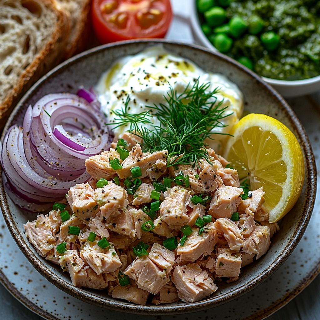 tuna flakes in a small rustic bowl, finely diced bright red onion scattered nearby, glossy green capers in a tiny dish, fresh vibrant green dill sprigs arranged delicately, a dollop of creamy light yellow Dijon mustard on a ceramic spoon, a small white bowl of thick plain Greek yogurt with a smooth texture, a wedge of bright yellow lemon with visible juice droplets, coarse salt crystals and freshly ground black pepper sprinkled artfully on the surface, two slices of toasted whole wheat bread with golden brown crusts stacked slightly offset, a smooth pale green quarter avocado mashed on a small plate, a smear of dark green pesto with visible pine nut texture on a tiny saucer, juicy red tomato slices with seeds and moisture glistening, all ingredients spaced evenly on a clean matte white or light wood surface to contrast colors and textures, soft natural lighting casting gentle shadows, minimalistic and airy composition highlighting freshness and homemade feel, overhead shot, top down view, flat lay photography, professional food styling --ar 1:1 --q 2 --s 750 --v 6.1