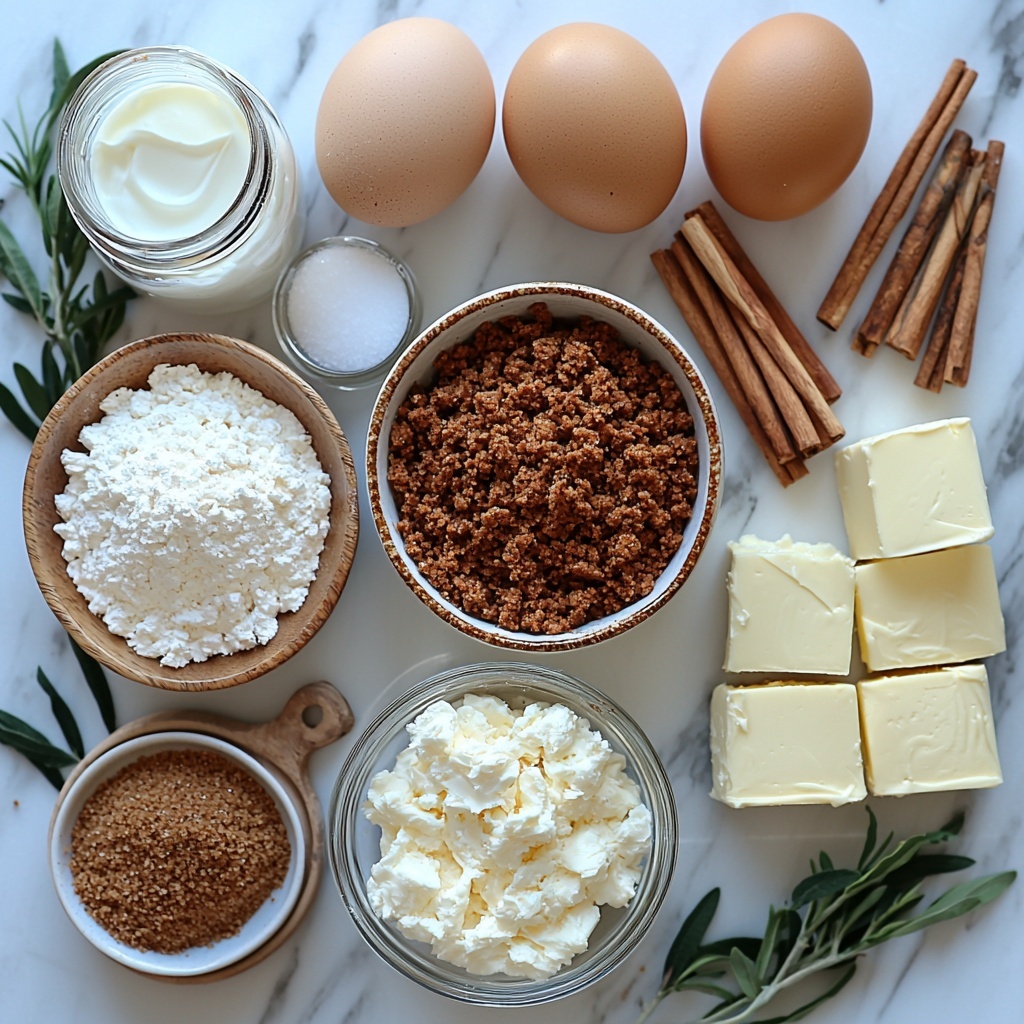 graham cracker crumbs in a small rustic bowl with crumbly golden texture, a wooden spoon beside it; piles of brown sugar with rich caramel color in a ceramic dish; ground cinnamon in a tiny glass jar with warm reddish-brown powder spilling slightly; melted unsalted butter in a small clear bowl showing glossy yellow liquid; all-purpose flour in a white porcelain bowl with soft, fine white powder; cream cheese blocks wrapped in parchment paper, smooth and creamy white; granulated sugar and powdered sugar in separate small bowls, sparkling white crystals and fine dust respectively; sour cream in a simple glass bowl with silky white texture; four large brown eggs with smooth shells arranged in a neat row; vanilla extract in a slender amber bottle with dark liquid visible; salt sprinkled delicately on a small plate; heavy whipping cream in a measuring cup, creamy and slightly frothy; a small sifter with dusted ground cinnamon ready to sprinkle; all ingredients carefully spaced and arranged on a clean bright white surface with natural soft lighting casting gentle shadows, enhancing textures and colors, styled with minimalist kitchen props like wooden spoons, linen napkins, and fresh cinnamon sticks for accents, creating a warm inviting mood — overhead shot, top down view, flat lay photography, professional food styling --ar 1:1 --q 2 --s 750 --v 6.1