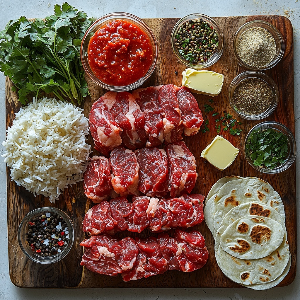 A vibrant flat lay of fresh ingredients for Feta Spring Flatbreads artfully arranged on a clean white marble surface. Four rustic flatbreads stacked slightly overlapping on one side, next to a small bowl filled with crumbly white feta cheese. Halved juicy red cherry tomatoes scattered with bright green spinach leaves and peppery arugula bunches spread evenly around. Thin, translucent slices of deep purple-red onion fanned out neatly nearby, alongside a small heap of finely chopped fresh basil with vivid emerald hues. A small glass bowl of golden olive oil, catching soft light, paired with a lemon wedge accentuating vibrant yellow tones. A drizzle of rich dark balsamic glaze artistically pooling alongside. The composition balanced with natural shadows, vivid colors, contrasting textures—crumbly, leafy, juicy, and glossy—styled with minimal props for a fresh, inviting springtime feel. Overhead shot, top down view, flat lay photography, professional food styling --ar 1:1 --q 2 --s 750 --v 6.1