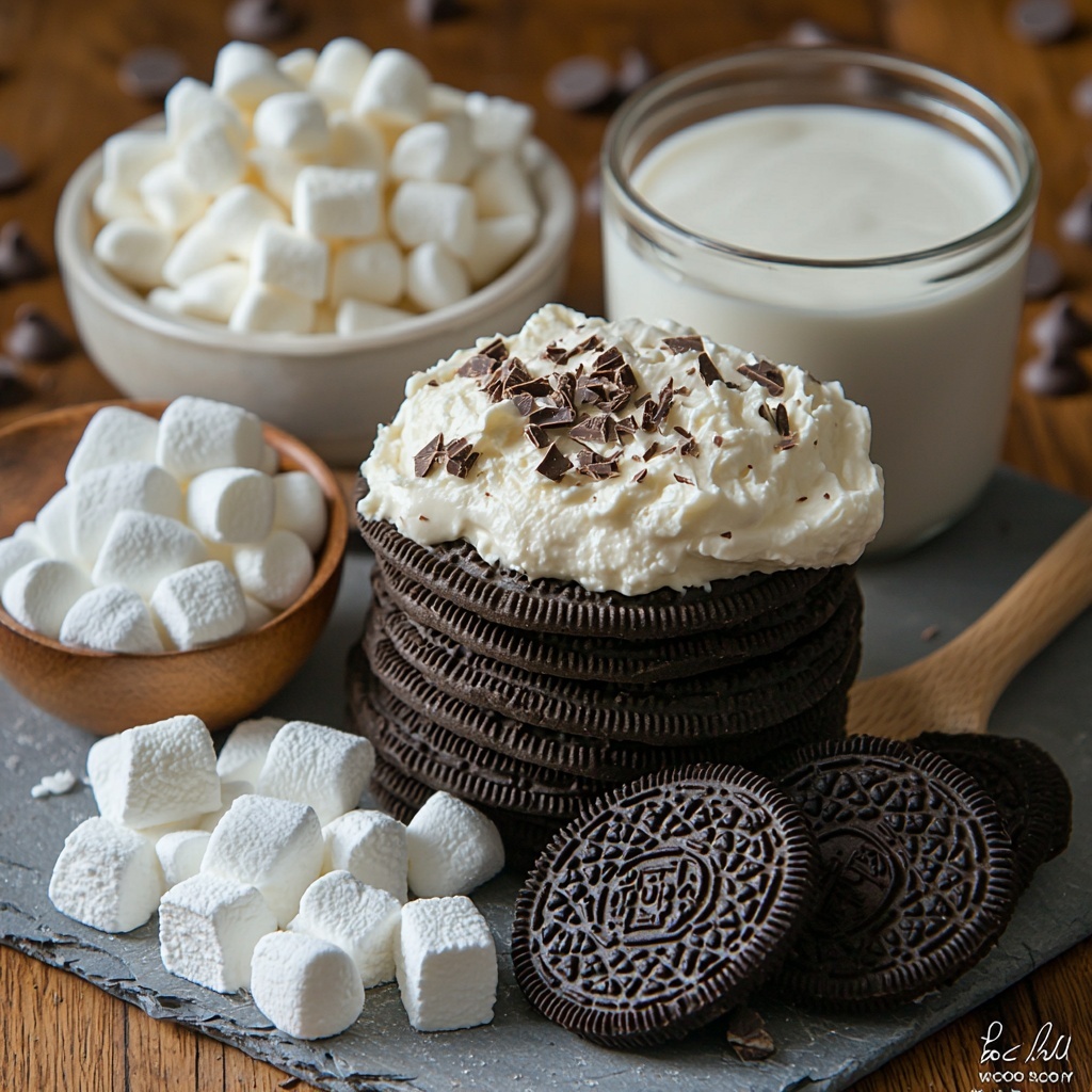 34 regular Oreo cookies stacked and scattered with some broken pieces showing the dark chocolate cookie texture, 1/2 cup melted salted butter in a small glass bowl with a golden sheen, 1/2 cup softened salted butter shaped into a smooth dollop on parchment, 8 ounces cream cheese softly whipped on a white ceramic plate showing a creamy texture, 1 ¼ cups heavy cream in a tall clear measuring cup displaying its rich, glossy white liquid, 1 cup powdered sugar in a fine pile on a rustic wooden spoon next to a small heap on the surface, ½ cup hot chocolate powder with a deep brown, velvety appearance in an open tin alongside a small vintage silver scoop, 2 teaspoons vanilla extract in a small amber glass bottle casting amber reflections, 2 packages instant chocolate pudding mix (3.8 oz each) in their bright brown and orange packaging placed side by side, 2 tablespoons hot chocolate powder in a tiny white bowl, 2 ¾ cups cold milk in a large clear glass jug showing a smooth, creamy white surface, 1 ½ cups mini marshmallows fluffy and snowy white, lightly spilling out from a clear bowl, 2 cups heavy cream in a tall jug with a slight frothy texture, ¾ cup powdered sugar dusted lightly on a slate board creating a soft contrast, 1 teaspoon vanilla extract in a small glass bottle with a cork stopper reflecting warm light, ½ cup semi-sweet chocolate chips glossy and dark, scattered artfully with some chips piled in a small ceramic dish, 2 tablespoons heavy cream in a small glass cup with a smooth surface, ½ cup mini marshmallows and ¼ cup mini chocolate chips presented together on a delicate white porcelain plate showing contrast of soft whites and dark browns. All ingredients arranged symmetrically on a clean, light wooden surface enhanced with soft natural light casting gentle shadows, subtle reflections, and textures emphasized for an inviting and cozy winter dessert mood. Styled with minimal rustic props including a linen napkin and a wooden spoon, complementary warm tones. Overhead shot, top down view, flat lay photography, professional food styling --ar 1:1 --q 2 --s 750 --v 6.1