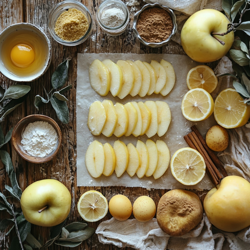 Apples (Granny Smith, Gala, Golden Delicious) whole and sliced, homemade double pie crust sheets rolled out, small bowls with brown sugar and granulated sugar, measuring spoons with cinnamon, nutmeg, cardamom powder arranged neatly, small plate with all-purpose flour, lemon half and microplane lemon zest grater, small jar of vanilla extract, small bowl of kosher salt, tablespoon spoon with milk and beaten egg, raw sugar crystals scattered lightly nearby. All ingredients placed on a clean, rustic wooden surface with natural warm lighting highlighting the subtle textures—the roughness of brown sugar, the smooth shiny apples, the delicate folds of pie dough, and the fine powder of spices. Soft shadows and gentle contrasts create depth and invite warmth, styled with minimal linen napkin and a sprig of fresh cinnamon stick for an autumnal cozy feel. overhead shot, top down view, flat lay photography, professional food styling --ar 1:1 --q 2 --s 750 --v 6.1