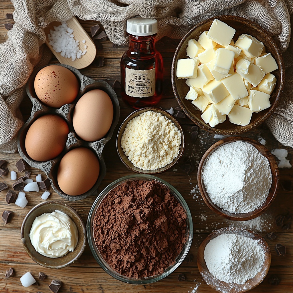 Softened butter in a small glass bowl, a mound of golden brown sugar and white granulated sugar side by side in rustic ceramic bowls, two large brown eggs resting on a textured linen cloth, a small glass bottle of pure vanilla extract with a cork stopper, a small dish with vibrant red food coloring droplets, a shallow bowl of rich unsweetened cocoa powder with its deep chocolate brown color, a wooden scoop heaping white all-purpose flour, a small ramekin of white cornstarch, a tiny dish of baking soda powder, a pinch of coarse salt crystals scattered artistically on the surface, softened cream cheese in a smooth mound on a white marble slab, fine white powdered sugar piled in a delicate ceramic bowl. All ingredients arranged neatly across a clean, light wood tabletop, styled with natural soft daylight casting gentle shadows, minimal props for a fresh and inviting atmosphere, subtle neutral-toned linen napkin textures weaving through the composition. Overhead shot, top down view, flat lay photography, professional food styling --ar 1:1 --q 2 --s 750 --v 6.1