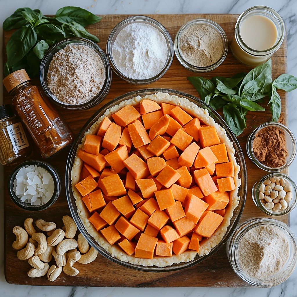 a vibrant flat lay of ingredients for a vegan sweet potato pie arranged neatly on a clean white marble surface: peeled and cubed bright orange sweet potatoes in a rustic ceramic bowl, a round unbaked gluten-free vegan pie crust with a light golden hue on a wooden board, small glass jars and bowls holding warm brown ground cinnamon and freshly grated nutmeg, creamy white arrowroot starch powder in a porcelain dish, a small heap of fine sea salt crystals, shiny raw cashews soaked and drained in a small white bowl, a smooth amber pool of maple syrup in a clear glass container, a small bottle of vanilla extract with a cork stopper, a mound of soft beige ground ginger, and a white ceramic cup filled with creamy oat milk; natural soft daylight highlighting the varied textures from powdery spices to glossy syrup, styled with minimal green herbs as delicate accents, balanced composition with clean lines, negative space enhancing each ingredient -- overhead shot, top down view, flat lay photography, professional food styling --ar 1:1 --q 2 --s 750 --v 6.1