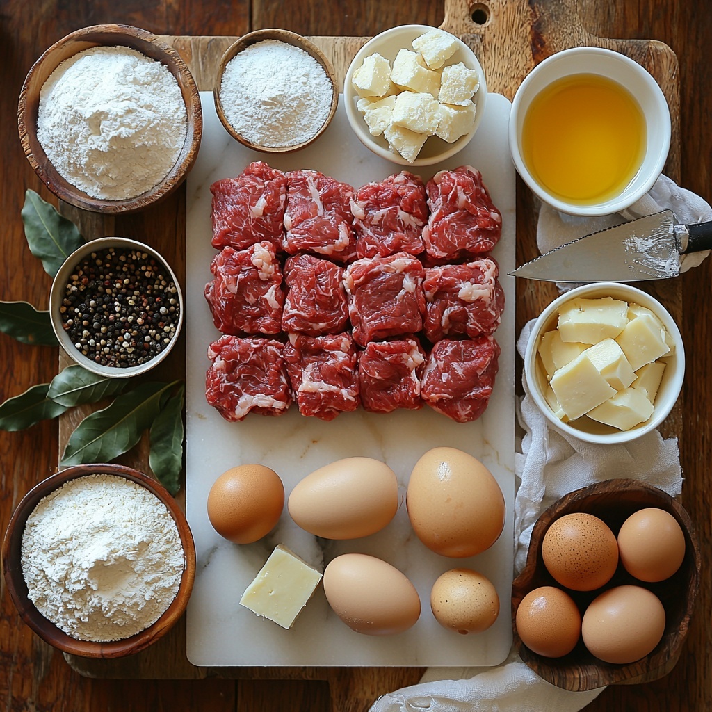 A clean white marble surface showcasing the main ingredients for a savory baked Scotch pie arranged in an inviting flat lay: a mound of raw minced beef or lamb with a rich red and pink marbled texture, a medium yellow-brown onion finely chopped in a small white ceramic bowl, a neat pile of fine white plain flour in a rustic wooden bowl, a slab of pale creamy lard with smooth, soft edges on a natural wooden board, a small clear glass bowl filled with golden beef stock, a pristine brown egg resting on a light linen napkin, tiny ceramic spoons holding ground black pepper, salt, ground nutmeg, and mace powders in warm earthy tones. The ingredients are spaced with natural light casting soft shadows to emphasize textures and colors, styled with a few fresh bay leaves and a chef’s knife with a wooden handle subtly placed on the side. The overall aesthetic is warm, rustic, and inviting with muted neutral tones enhancing the rich colors of the raw ingredients. Overhead shot, top down view, flat lay photography, professional food styling --ar 1:1 --q 2 --s 750 --v 6.1