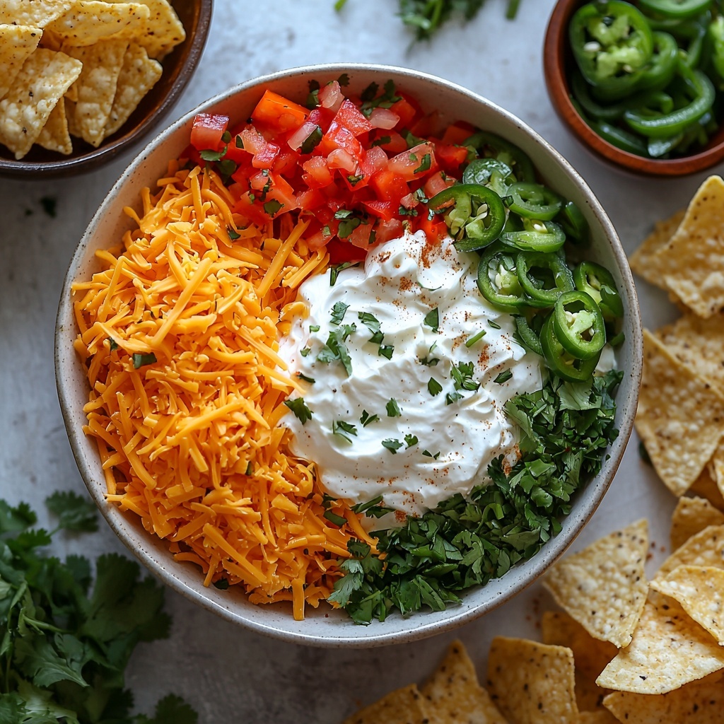 16 oz softened cream cheese in a small white bowl, next to a heap of bright orange shredded cheddar cheese spilling slightly onto the surface, a glass bowl of smooth pale sour cream with a subtle gloss, a small wooden spoon resting on a heap of warm-toned taco seasoning powder, finely chopped fresh green onions scattered in a neat pile, vibrant chopped fresh cilantro leaves with rich green hues, a bowl of finely diced red bell pepper pieces showing vivid ruby red color, a matching bowl of diced green bell peppers with fresh emerald green shades, a small dish holding finely chopped jalapeño pieces showcasing deep green with seeds visible, and a rustic bowl of golden crispy tortilla chips arranged in a semicircle nearby. All ingredients are placed thoughtfully on a clean matte white surface with soft natural light casting gentle shadows, emphasizing the varied textures from creamy to crunchy, creating a fresh and inviting color palette. Overhead shot, top down view, flat lay photography, professional food styling --ar 1:1 --q 2 --s 750 --v 6.1