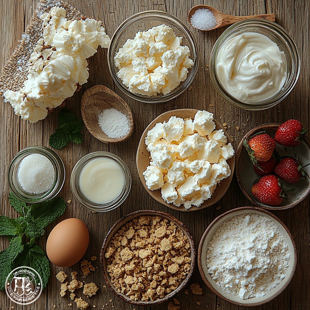 /Imagine prompt: A beautifully styled flat lay of all the main ingredients for Strawberry Crunch Cheesecake Bites arranged neatly on a clean, light wooden surface. Softened cream cheese in two rustic ceramic bowls showing smooth, creamy texture; a small glass bowl of granulated sugar sparkling in natural light; a tiny glass jar of vanilla extract with a golden brown cap; a large, fresh egg with a smooth shell placed beside a meadow-green linen napkin; a small bowl of thick, velvety sour cream and another with heavy cream, both reflecting soft highlights; a neatly measured heap of pale all-purpose flour dusted lightly on a white porcelain plate; a pinch of salt in a minimalist white ceramic spoon; a stack of 12 mini graham cracker crusts showing their crumbly texture arranged in a clean circle; a small glass bowl with vividly red crushed freeze-dried strawberries showcasing a crunchy texture; a separate bowl of golden graham cracker crumbs with visible grainy detail; a mound of fine white sugar; a rustic small dish with melted unsalted butter shimmering with warm tones. All ingredients are spaced evenly with soft natural light casting gentle shadows, styled with subtle touches of greenery such as a few fresh mint leaves for a pop of color. The composition balances textures—from creamy and smooth to crumbly and crunchy—with warm, inviting colors from creamy whites to strawberry reds and golden browns, arranged for clarity and visual appeal. Overhead shot, top down view, flat lay photography, professional food styling --ar 1:1 --q 2 --s 750 --v 6.1