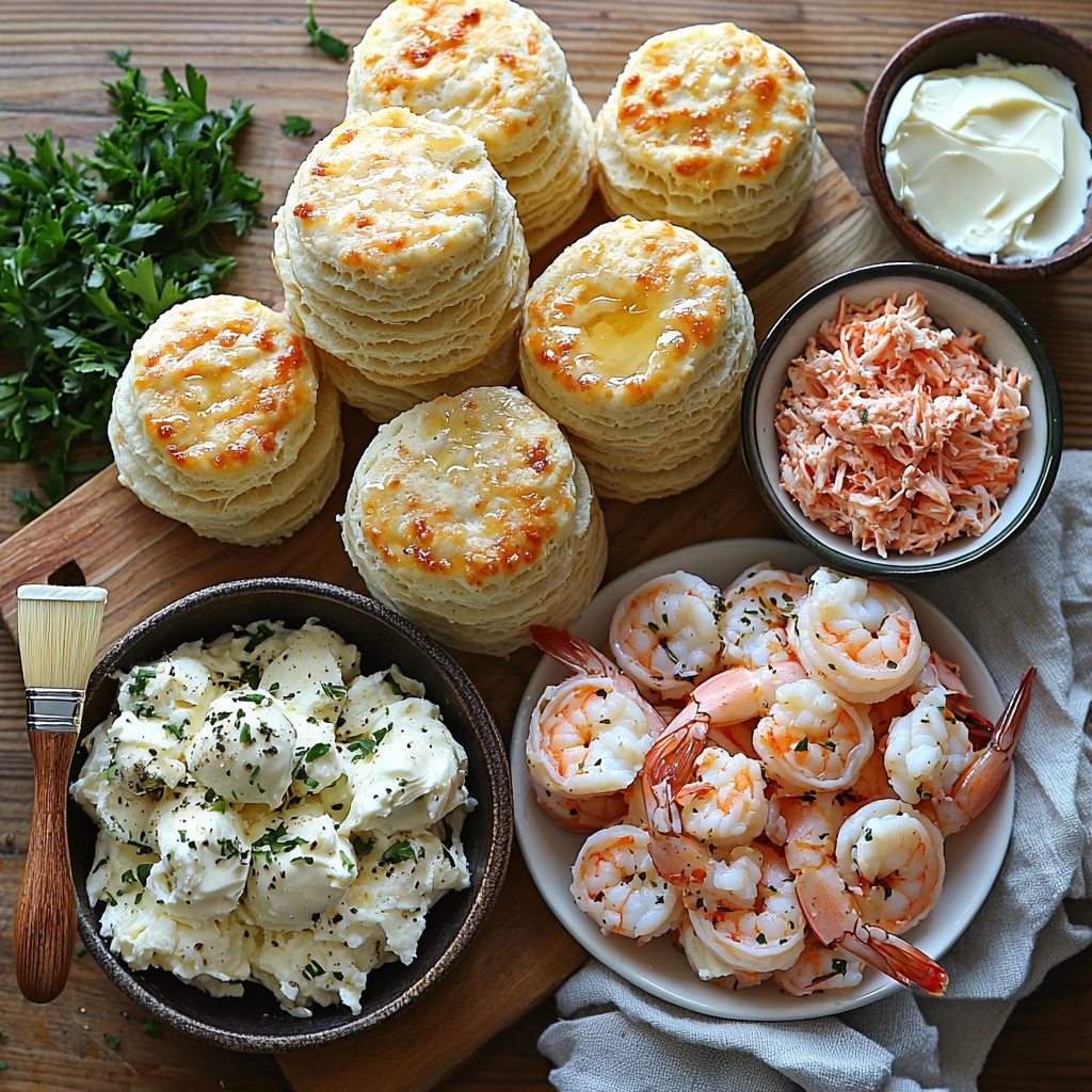 Flaky refrigerated biscuits arranged in a neat stack and a few scattered individually to show their golden, layered texture; a small bowl of melted golden butter with a brush resting beside it; a rustic white bowl filled with bright pink chopped cooked shrimp; a separate glass bowl showcasing chunky white lump crab meat with hints of coral; a pile of shredded mozzarella cheese, soft and snowy white, casually spread on a natural linen cloth; a block of creamy, smooth cream cheese partially sliced on a wooden cutting board; a small vintage dish holding vibrant green chopped fresh parsley; a tiny bowl of Old Bay seasoning displaying its warm reddish-brown powder; all placed thoughtfully on a clean light wooden surface with soft natural lighting, subtle shadows adding depth, styled with a few sprigs of parsley for freshness and a textured linen napkin for contrast, overhead shot, top down view, flat lay photography, professional food styling --ar 1:1 --q 2 --s 750 --v 6.1