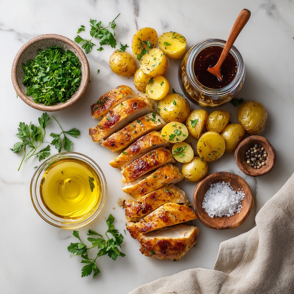 boneless skinless chicken breasts cut into vertical strips arranged neatly, small halved baby potatoes showing their creamy yellow interior alongside golden roasted edges, a small rustic bowl filled with rich golden cowboy butter, a glass jar of deep brown soy sauce with visible sheen, a small dish of extra virgin olive oil glistening with a smooth surface, scattered coarse kosher salt crystals glinting, a few twists of freshly ground black pepper, fresh chopped vibrant green parsley leaves artfully sprinkled, all ingredients laid out on a clean white marble surface with soft natural light enhancing the warm tones and textures, minimal shadows, emphasis on color contrast and freshness, slight rustic wooden spoon and linen napkin for styling, overhead shot, top down view, flat lay photography, professional food styling --ar 1:1 --q 2 --s 750 --v 6.1