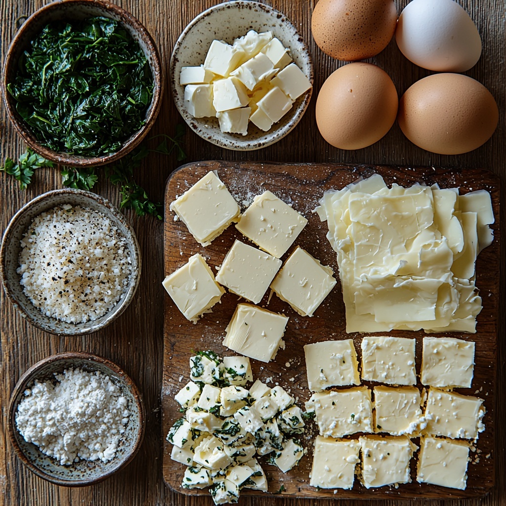 Two tablespoons of golden butter in a small vintage dish, a medium onion diced into small white and purple cubes, three cloves of garlic minced finely near peeled garlic bulbs, a bowl of bright green thawed and drained chopped spinach with a slightly wilted texture, a heap of fresh parsley leaves finely chopped and vibrant green, crumbled white feta cheese with a creamy texture scattered loosely beside a small mound of finely grated pale yellow Parmesan cheese, two large eggs—one whole and smooth, one beaten in a clear glass bowl showing vibrant yellow yolk—salt and black pepper flakes in small white ceramic spoons, and a large sheet of pale, slightly flaky puff pastry folded neatly on a clean, light flour-dusted wooden surface. All ingredients arranged meticulously with small rustic bowls and vintage utensils, soft natural light casting gentle shadows, neutral background emphasizing the fresh colors and textures, minimalistic styling with a touch of farmhouse charm. overhead shot, top down view, flat lay photography, professional food styling --ar 1:1 --q 2 --s 750 --v 6.1