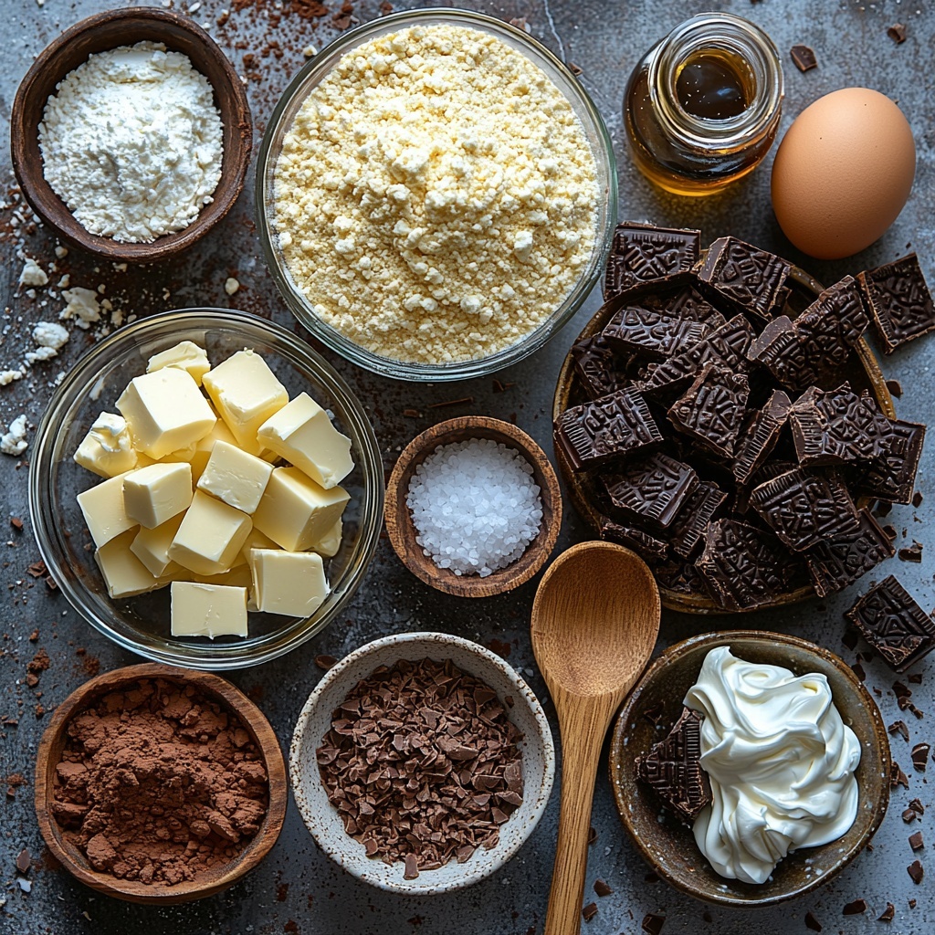 almond flour in a small glass bowl showing fine, pale beige powder; unsweetened cocoa powder in a rustic wooden scoop, rich dark brown color with velvety texture; granulated erythritol in a clear measuring cup, sparkling white crystals; melted unsalted butter in a small glass ramekin, golden yellow liquid with glossy sheen; vanilla extract in a tiny vintage glass bottle with cork stopper, deep amber liquid; fine grains of salt scattered gently nearby; softened cream cheese in a white ceramic bowl, creamy and smooth pale ivory texture; two large brown eggs with glossy shells resting side by side; sour cream in a white porcelain bowl, thick and silky white dollop with gentle peaks; sugar-free chocolate sandwich cookies crushed in a small pile on a rustic ceramic plate showing dark chocolate crumbs with white cream flecks; utensils include a wooden spoon and metal whisk casually placed; all items arranged neatly on a clean matte white surface with natural soft lighting casting delicate shadows; styling emphasizes natural textures and contrasting colors in a harmonious balanced composition highlighting ingredients of a keto Oreo cheesecake bars recipe — overhead shot, top down view, flat lay photography, professional food styling --ar 1:1 --q 2 --s 750 --v 6.1