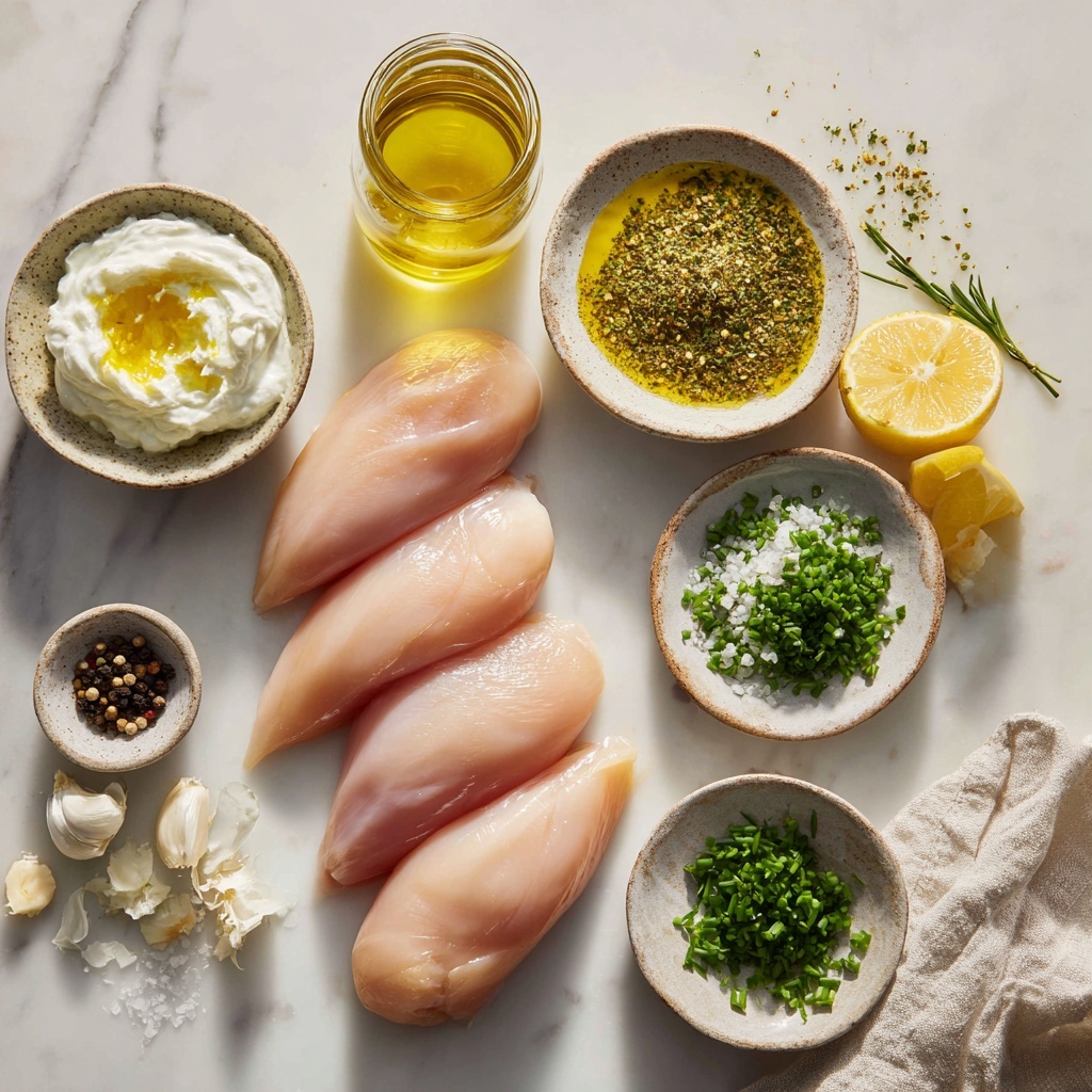 Za’atar chicken ingredients flat lay on a clean white marble surface: four raw chicken breasts neatly arranged in a row with smooth, pale pink flesh; small rustic ceramic bowls containing vibrant green za’atar spice blend, bright yellow fresh lemon juice, creamy white full-fat Greek yogurt, finely minced white garlic cloves, and chopped fresh green chives and parsley; scattered coarse kosher salt crystals and freshly ground black peppercorns adding texture; a small glass jar of golden olive oil with a subtle shimmer; all elements spaced evenly with natural soft daylight casting gentle shadows; minimalistic, fresh and vibrant color palette highlighting the natural textures and freshness of the ingredients, with a focus on contrast between creamy whites, fresh greens, and soft pinks; slight rustic kitchen props like a wooden spoon and linen napkin casually placed to enhance the cozy, authentic feel; overhead shot, top down view, flat lay photography, professional food styling --ar 1:1 --q 2 --s 750 --v 6.1