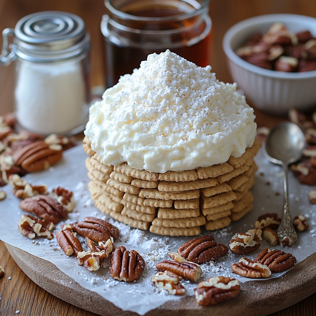 /Imagine prompt: A clean, light wooden surface arranged with the main ingredients for Old Fashioned Bourbon Balls: a small bowl of fine golden-brown graham cracker crumbs, a separate bowl of toasted pecan crumbs with a rich, warm brown texture, a small block of smooth, creamy white cream cheese on parchment paper, a small white dish of pristine white powdered sugar, a delicate pile of loose, dark amber flavored tea leaves, and a tiny glass container of pale vanilla extract. Scattered pecan halves and a vintage silver spoon with a dusting of powdered sugar add rustic charm. Soft natural light highlights the varied textures—the crumbly crackers, creamy cheese, powdery sugar, and dried tea leaves—arranged in a balanced, aesthetically pleasing circle with subtle shadows. The composition is minimal yet cozy, styled for elegant food photography. overhead shot, top down view, flat lay photography, professional food styling --ar 1:1 --q 2 --s 750 --v 6.1