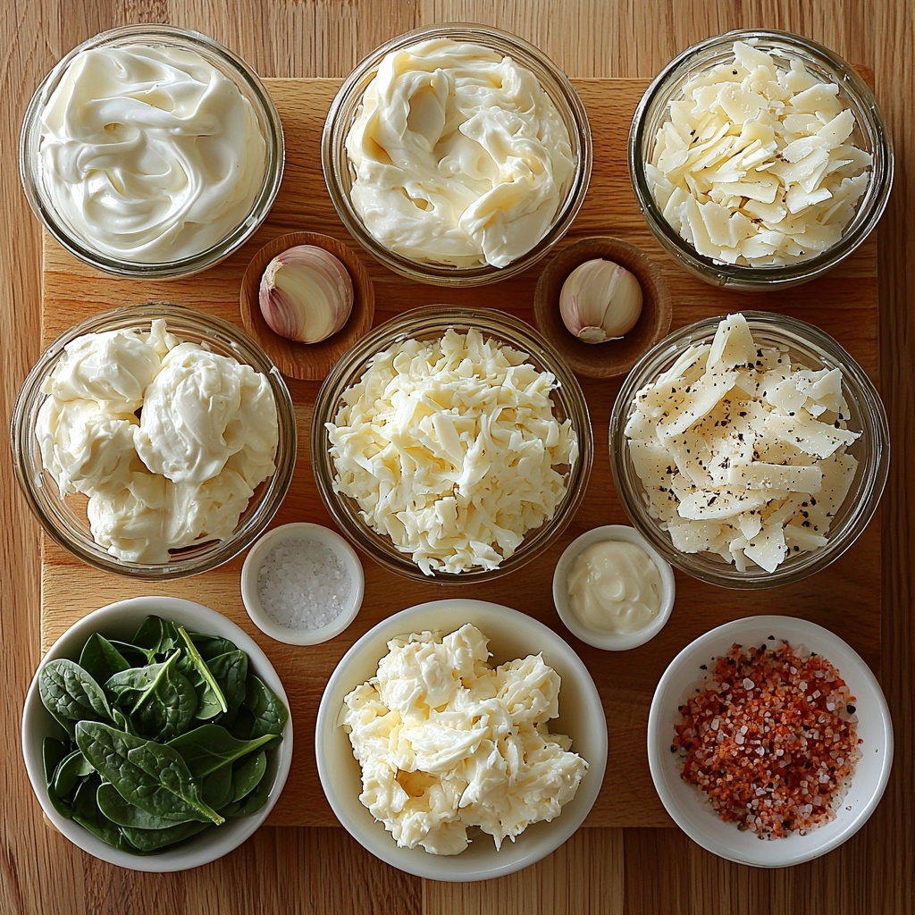 cream cheese in a smooth white block, sour cream in a small white ceramic bowl, creamy mayonnaise in a glass jar, chopped pink cooked shrimp scattered loosely, flaked white crab meat delicately piled, vibrant dark green cooked chopped spinach arranged in a neat cluster, finely grated pale yellow Parmesan cheese in a small heap, small white bowls with garlic powder and onion powder, coarse salt and black peppercorns scattered artistically, all ingredients laid out on a clean light wooden surface with soft natural lighting, subtle shadows enhancing textures, minimal props like wooden spoons and linen napkin for contrast, emphasizing creamy, flaky, and fresh textures, composition balanced and inviting -- overhead shot, top down view, flat lay photography, professional food styling --ar 1:1 --q 2 --s 750 --v 6.1