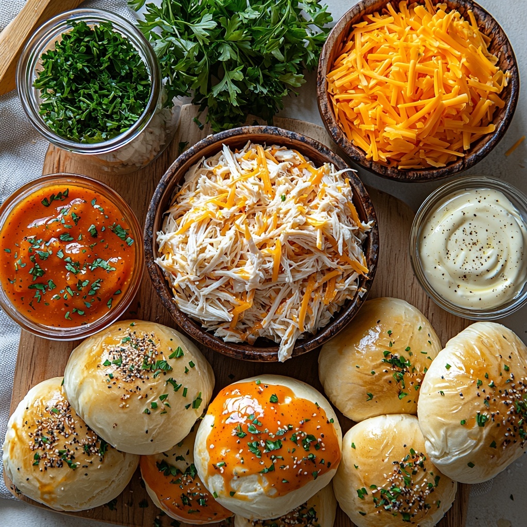 Hawaiian rolls, whole and sliced in half, arranged neatly on a clean white or light wooden surface; shredded cooked chicken piled in a rustic bowl with visible tender fibers; a small bowl of vibrant orange buffalo sauce with a glossy texture; creamy ranch dressing in a small glass dish, smooth and thick; shredded sharp cheddar cheese in a small mound displaying bright yellow-orange strands; melted butter in a small bowl with a golden sheen; a spoon with mixed garlic powder and onion powder nearby, showing fine pale powders; fresh chopped parsley scattered lightly on the surface and in a small dish, bright green with delicate texture; natural daylight highlighting the vivid colors and textures; all ingredients placed carefully with some wooden or neutral-toned kitchen utensils for context; clean, minimalistic background emphasizing freshness and homemade appeal; contrast between soft breads, creamy sauces, shredded textures, and fresh herbs creating visual interest; overhead shot, top down view, flat lay photography, professional food styling --ar 1:1 --q 2 --s 750 --v 6.1