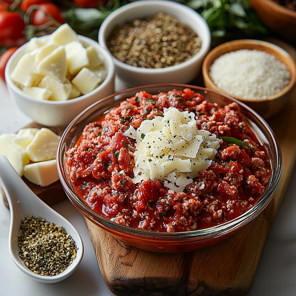 pound of raw ground chicken in a glass bowl, a small white bowl filled with golden brown breadcrumbs, a rustic ceramic dish heaped with finely grated pale yellow Parmesan cheese, a bright red bowl of smooth marinara sauce with visible herb flecks, a small pile of shredded creamy white mozzarella cheese on a wooden board, a small white spoon with mixed Italian seasoning showing green and dried herb textures, a tiny white dish with fine garlic powder, scattered coarse salt crystals and black peppercorns on the clean surface; all ingredients artfully arranged on a pristine white marble countertop with subtle natural light casting soft shadows, emphasizing the varied textures and vibrant colors, slight rustic kitchen towel folded nearby for warmth, minimal props to keep focus on ingredients, clean and crisp styling, overhead shot, top down view, flat lay photography, professional food styling --ar 1:1 --q 2 --s 750 --v 6.1