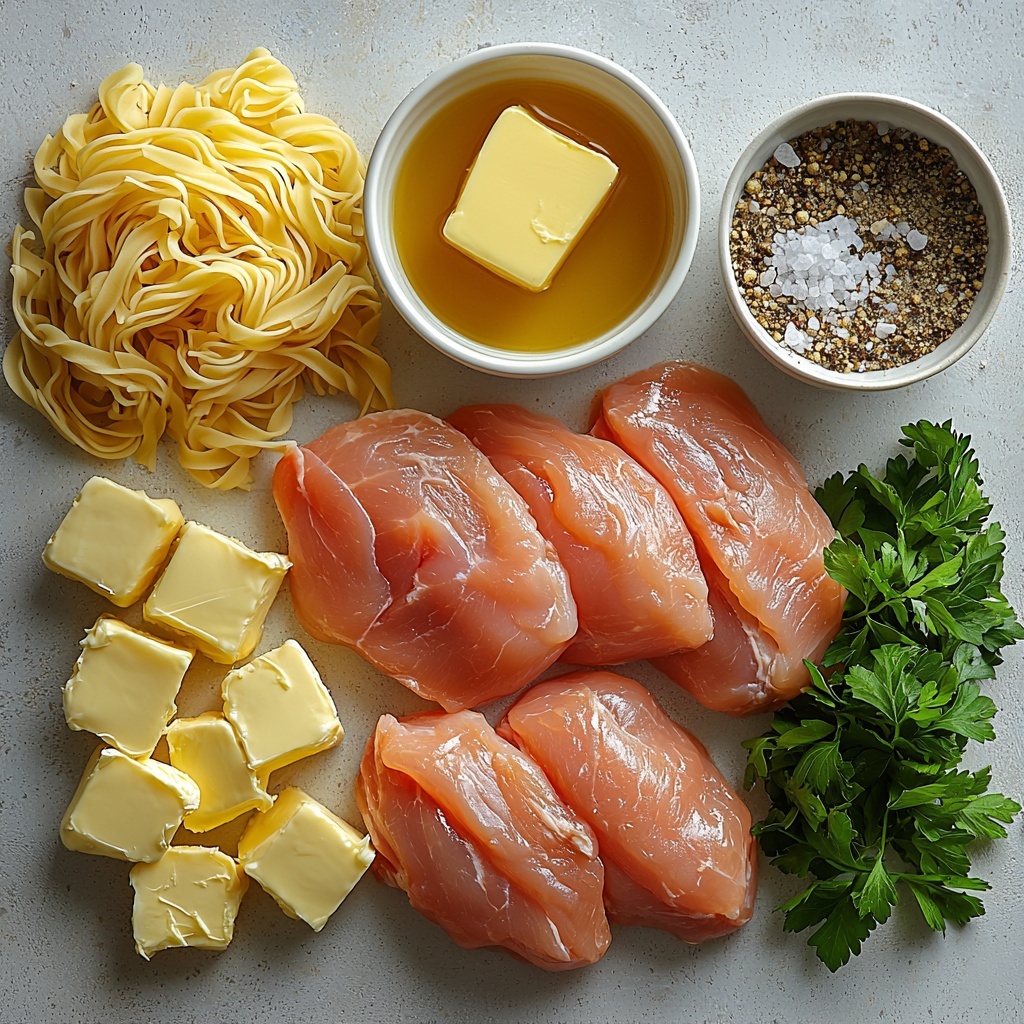 Chicken breasts, uncooked, plump and pale pink; raw egg noodles, golden yellow with a slightly textured surface; rich creamy butter blocks, smooth and glossy, some melting; two cloves of garlic, whole and peeled, white with a slightly papery texture; a small bowl of clear golden chicken broth; small pile of coarse salt crystals and cracked black peppercorns; fresh parsley sprigs and chopped leaves, vibrant green with delicate texture. All ingredients neatly arranged on a clean, matte white surface in a balanced composition: chicken breasts side by side, noodles in a loose pile with strands visible, butter pieces placed alongside with soft melting edges, garlic cloves grouped naturally, broth in a small white bowl, salt and pepper in minimal heaps, parsley scattered with some leaves spaced for visual contrast. Soft natural light from the side casting gentle shadows, emphasizing textures and freshness. Minimal props, clean and modern styling with a focus on natural colors and inviting, warm tones. Overhead shot, top down view, flat lay photography, professional food styling --ar 1:1 --q 2 --s 750 --v 6.1