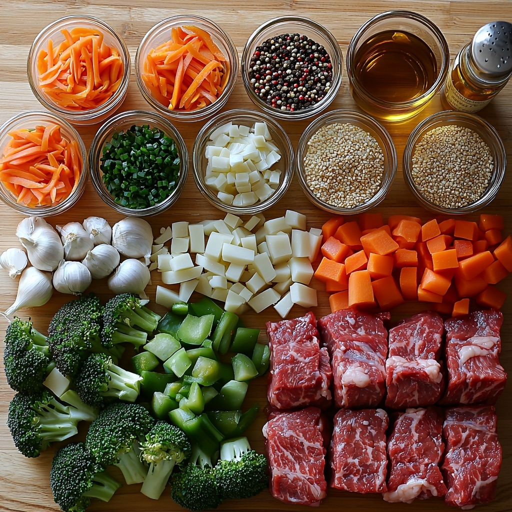 Beef Stir Fry ingredients neatly arranged on a clean, light wooden surface: raw marbled strip steak slices next to a small bowl of glossy soy sauce, a jar of golden honey, and a small dish of dark beef broth alongside light chicken broth in clear glass cups; fresh vibrant green broccoli florets, bright orange julienned carrots, crisp yellow onion slices, glossy red bell pepper strips, fresh green snap peas, and sliced white mushrooms fanned out to show texture; three peeled garlic cloves and a small mound of minced garlic near tiny dishes with ground spices—black pepper, garlic salt, celery salt, onion powder, chili powder, and ground ginger—each in miniature white bowls; a small bowl holding white cornstarch powder with a glass of cold water beside it; a small bottle of amber hot sauce; a shallow bowl of dry pale ramen noodles with a wooden spoon; a small dish of golden peanut oil; and a glass of clear dry white wine—all spaced evenly with contrasting colors and textures, bright natural lighting highlighting freshness, slight shadows for depth, styled with minimal rustic props like wooden spoons and clean linen napkins, overhead shot, top down view, flat lay photography, professional food styling --ar 1:1 --q 2 --s 750 --v 6.1