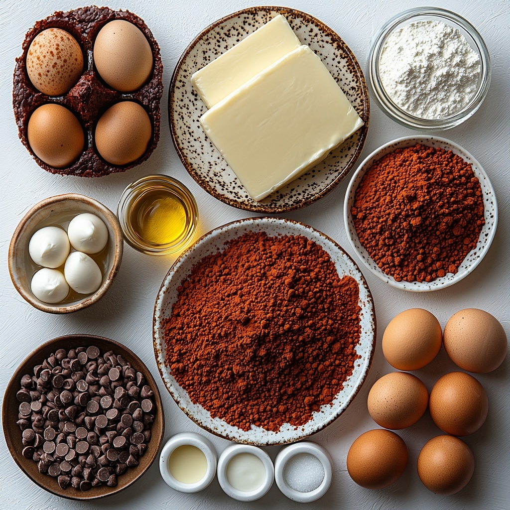 Red velvet brownie ingredients neatly arranged on a clean white surface for flat lay photography: a stick of unsalted butter partially unwrapped showing creamy texture, sparkling white granulated sugar in a small glass bowl, rich light brown sugar heaped gently beside it, three large brown eggs and one separate egg yolk in a small white ceramic dish, a small glass jar of clear vanilla extract, a clear measuring cup with golden vegetable oil catching soft light, a sifter with deep reddish-brown cocoa powder with fine texture, a small bowl of pale all-purpose flour, a tiny bowl holding clear vinegar, a bowl of fine white cornstarch, a small pile of coarse sea salt, a small dish with vibrant red food coloring, a neat heap of glossy white chocolate chips, a block of cream cheese with smooth surface, another stick of slightly softened unsalted butter, a mound of fluffy powdered sugar on a rustic plate, and a small vial of vanilla extract. All ingredients spaced evenly with subtle shadows, enhanced natural light highlighting the contrast of reds, whites, browns, and creams. Minimal props, clean modern aesthetic, with slight texture from wooden surface underneath. Overhead shot, top down view, flat lay photography, professional food styling --ar 1:1 --q 2 --s 750 --v 6.1