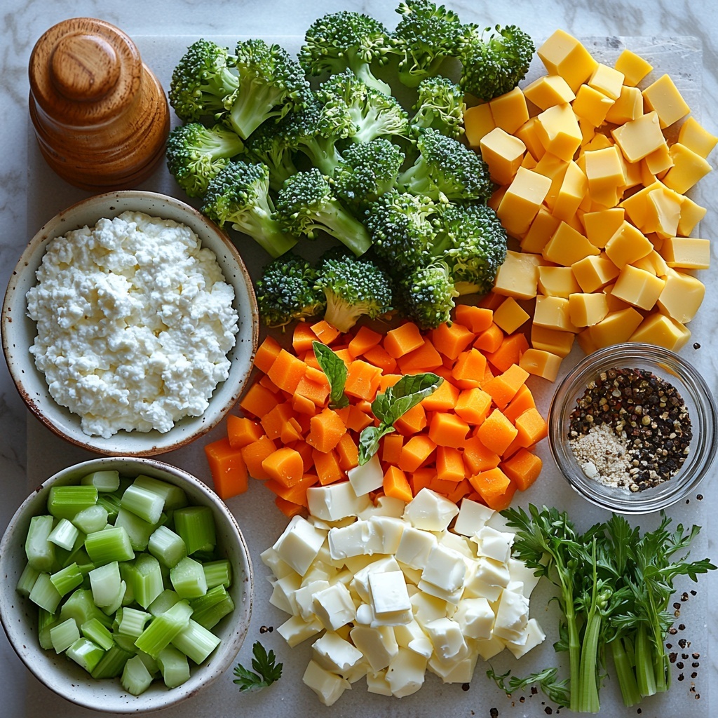 a bright, clean flat lay arrangement of ingredients for broccoli cheddar soup on a white marble surface: vibrant green broccoli florets cut into 1-inch pieces, a small mound of fluffy, smooth low-fat cottage cheese in a white bowl, shredded sharp cheddar cheese with rich orange hues scattered neatly nearby, a quarter cup of fine all-purpose flour in a rustic ceramic bowl, golden melted butter in a small glass dish, finely minced garlic cloves on a wooden spoon, diced yellow onion and bright orange carrot rounds arranged in neat piles showcasing their fresh textures, diced celery stalk pieces adding a fresh green accent, a small white dish of coarse sea salt, a black pepper grinder with freshly ground peppercorns scattered lightly, a glass measuring cup filled with creamy pale 1% milk, a clear bowl of golden vegetable broth, and a small ramekin of smoked paprika with its deep reddish-brown color vivid against the neutral background—soft natural light casting gentle shadows, emphasizing texture and freshness, clean and minimal styling with negative space around each ingredient, overhead shot, top down view, flat lay photography, professional food styling --ar 1:1 --q 2 --s 750 --v 6.1