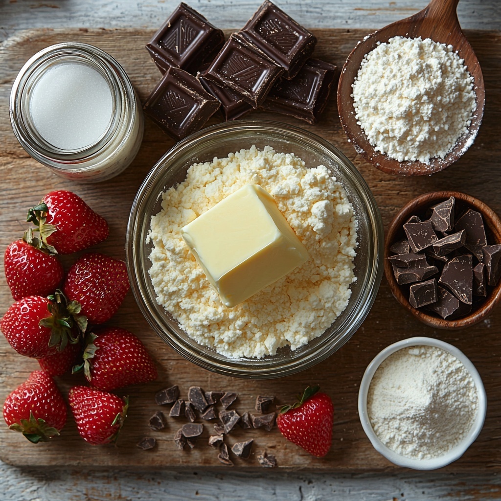 Unsalted butter softened in a small glass bowl with a smooth creamy texture, granulated white sugar and powdered sugar each in separate small ceramic bowls showing fine grains and powdery textures, one large brown egg resting on a rustic wooden surface, a small glass jar of golden vanilla extract reflecting light, a neat pile of all-purpose flour with a dusting of white powder around it, a wooden spoon holding baking powder with a fine, pale texture, a tiny pile of salt crystals glistening subtly, crushed bright red freeze-dried strawberries scattered lightly on a white ceramic plate to highlight their vibrant color and crunchy texture, several shiny silver-wrapped chocolate kisses unwrapped and arranged artistically to show their smooth, glossy milk chocolate surface; all items arranged meticulously on a clean, matte light gray surface with soft natural lighting creating gentle shadows and highlighting textures, minimalist styling with touches of rustic charm and subtle use of light reflecting off glass and chocolate, overhead shot, top down view, flat lay photography, professional food styling --ar 1:1 --q 2 --s 750 --v 6.1