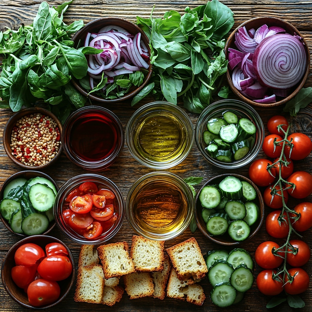 A clean, light wooden surface with an artistic flat lay arrangement of fresh mixed greens in vibrant shades of deep green and purple, bright red ripe tomatoes sliced to reveal juicy interiors, crisp pale green cucumber slices with seeds visible, thin translucent rings of sharp red onion, and golden crunchy croutons. Surrounding these fresh ingredients are small glass bowls containing rich, glossy olive oil with a golden hue and dark, glossy red wine vinegar. The composition is bright and airy with natural soft lighting highlighting the varied textures—the leafy softness of greens, the smooth cucumber skin, the juicy tomato flesh, the crisp onion edges, and crunchy croutons. Subtle shadows add depth, with a few scattered greens and croutons for a casual, inviting feel. overhead shot, top down view, flat lay photography, professional food styling --ar 1:1 --q 2 --s 750 --v 6.1