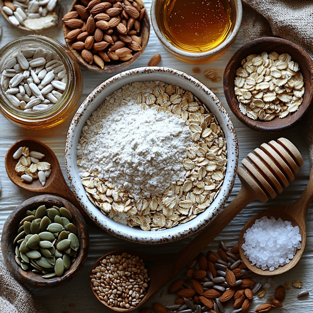 bread flour in a white ceramic bowl, loose golden old-fashioned whole rolled oats scattered nearby, small wooden spoons holding pumpkin seeds (deep green, glossy), sunflower seeds (pale beige with smooth finish), and flax seeds or sesame seeds (tiny, shiny brown or pale), a small glass jar of amber honey with a wooden honey dipper, coarse salt crystals in a rustic ceramic dish, Platinum Yeast in a small open paper packet or spoon, measuring cup with warm water showing slight steam, a dusting of flour and cornmeal scattered artistically on a clean white wooden surface, natural soft daylight highlighting the varying textures of seeds and flour, subtle shadows adding depth, arranged neatly with slight overlaps for a harmonious, inviting composition, styled with neutral linen fabric edges visible for warmth and contrast, overhead shot, top down view, flat lay photography, professional food styling --ar 1:1 --q 2 --s 750 --v 6.1