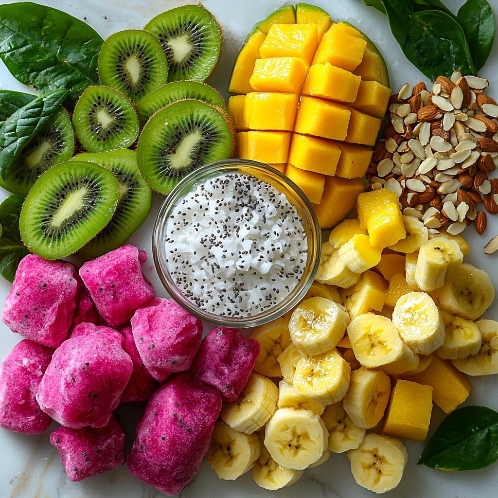 frozen pitaya packet with vibrant magenta flesh visible, a whole frozen banana with smooth pale yellow skin, a small pile of frozen mango chunks in bright golden yellow, a quarter cup of creamy white coconut milk in a glass measuring cup, banana slices arranged in a neat fan, fresh kiwi slices showing bright green flesh and tiny black seeds, delicate white coconut flakes scattered artistically, chopped almonds adding warm tan and beige tones with rough texture, tiny dark chia seeds sprinkled lightly; all ingredients thoughtfully arranged on a clean white marble surface with natural light creating soft shadows, emphasizing vivid colors and varied textures, subtle green leaves for a fresh accent, minimalistic and airy composition, overhead shot, top down view, flat lay photography, professional food styling --ar 1:1 --q 2 --s 750 --v 6.1