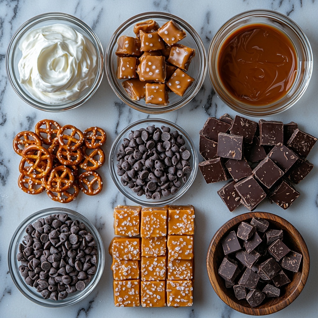 Mini pretzels arranged in small neat piles and scattered loosely on a clean white marble surface, soft caramel squares unwrapped and stacked beside a small, clear glass bowl of heavy cream, a smooth saucepan with melted caramel showing a glossy texture nearby, a ceramic bowl filled with glossy dark chocolate chips with some chips spilled artistically around, a small wooden dish holding coarse flaky sea salt crystals glistening under soft light. The ingredients are spaced evenly with natural shadows to emphasize textures—the crunchiness of pretzels, the softness and sheen of caramel, the creamy liquid, the rich chocolate’s smoothness, and the sparkling salt flakes. Warm, natural lighting enhances the golden browns and creamy whites, with subtle reflections on the caramel and chocolate surfaces. Background minimalistic and uncluttered to keep focus on the colors and textures of the ingredients, styled for a clean, inviting, and appetizing presentation. Overhead shot, top down view, flat lay photography, professional food styling --ar 1:1 --q 2 --s 750 --v 6.1
