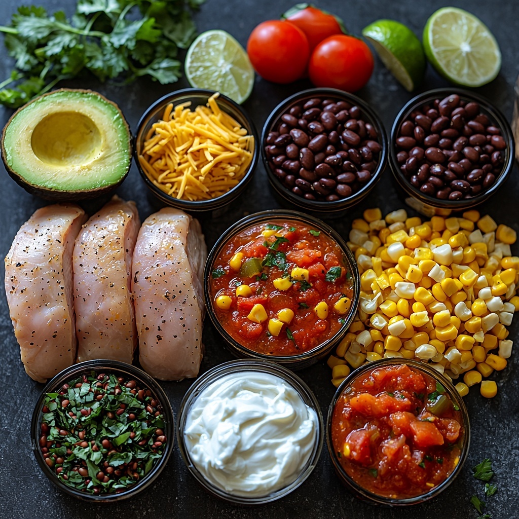 A clean, bright surface featuring an artfully arranged flat lay of ingredients for a high-protein chicken taco soup: two raw, plump boneless skinless chicken breasts with smooth pale pink skin; two open cans showing glossy black beans, and vibrant yellow corn kernels; a rustic can of diced tomatoes with green chiles bursting with red and green colors; a small open can of rich, deep red tomato sauce with smooth texture; a clear measuring cup filled with golden chicken broth; a small rustic bowl of golden-brown taco seasoning powder; a diced white onion with crisp, slightly translucent texture; peeled cloves of garlic, minced finely; a tiny dish of warm brown cumin powder; a bowl of creamy, thick plain Greek yogurt glowing bright white; topping elements nearby including shredded pale yellow cheese, a sliced avocado showing creamy green flesh with dark seeds, fresh green cilantro sprigs, and bright lime wedges with juicy, glistening interiors. The ingredients are spaced evenly with natural light casting soft shadows, styled with scattered fresh herbs and a few rustic kitchen tools to add warmth and context, emphasizing bright colors and contrasting textures for a fresh, inviting look. Overhead shot, top down view, flat lay photography, professional food styling --ar 1:1 --q 2 --s 750 --v 6.1