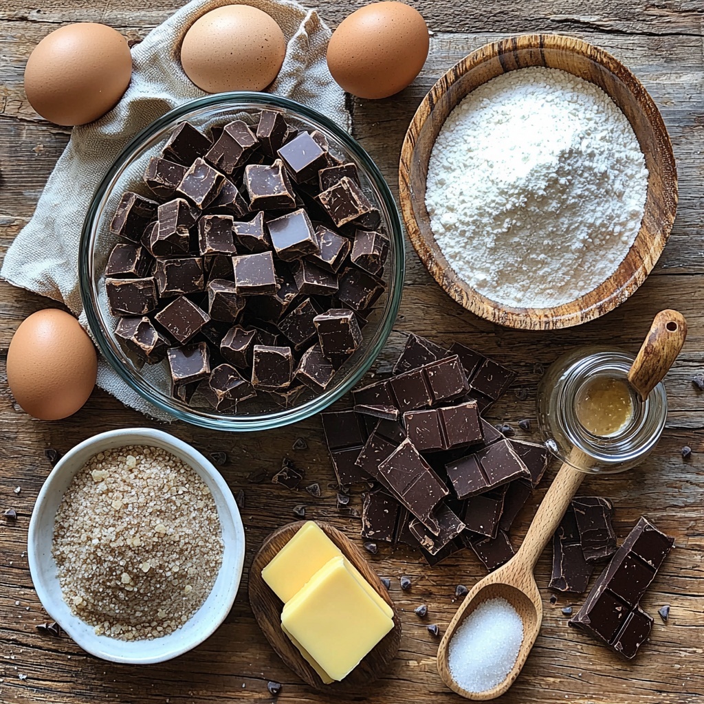 brown butter in a small glass bowl with visible amber color and browned bits, dark brown sugar in a rustic ceramic bowl with rich caramel tones, golden brown sugar in a small wooden scoop beside it, white granulated sugar in a clear glass jar showcasing fine crystals, two large brown eggs and one extra large egg yolk in a tiny white ramekin, a small bottle of vanilla extract with a cork stopper, a neat pile of all-purpose flour dusted lightly around on the surface, a small heap of baking soda powder next to a pinch of sea salt crystals on a wooden spoon, two cups of mixed chocolate chips and chopped chocolate bars scattered loosely near the flour, all ingredients arranged artfully on a clean, light wood surface with soft natural light casting gentle shadows, minimalistic styling with a neutral linen napkin and a vintage silver measuring spoon to add texture, warm inviting tones emphasizing the contrasting textures of smooth butter, grainy sugars, glossy chocolate, and powdery flour — overhead shot, top down view, flat lay photography, professional food styling --ar 1:1 --q 2 --s 750 --v 6.1
