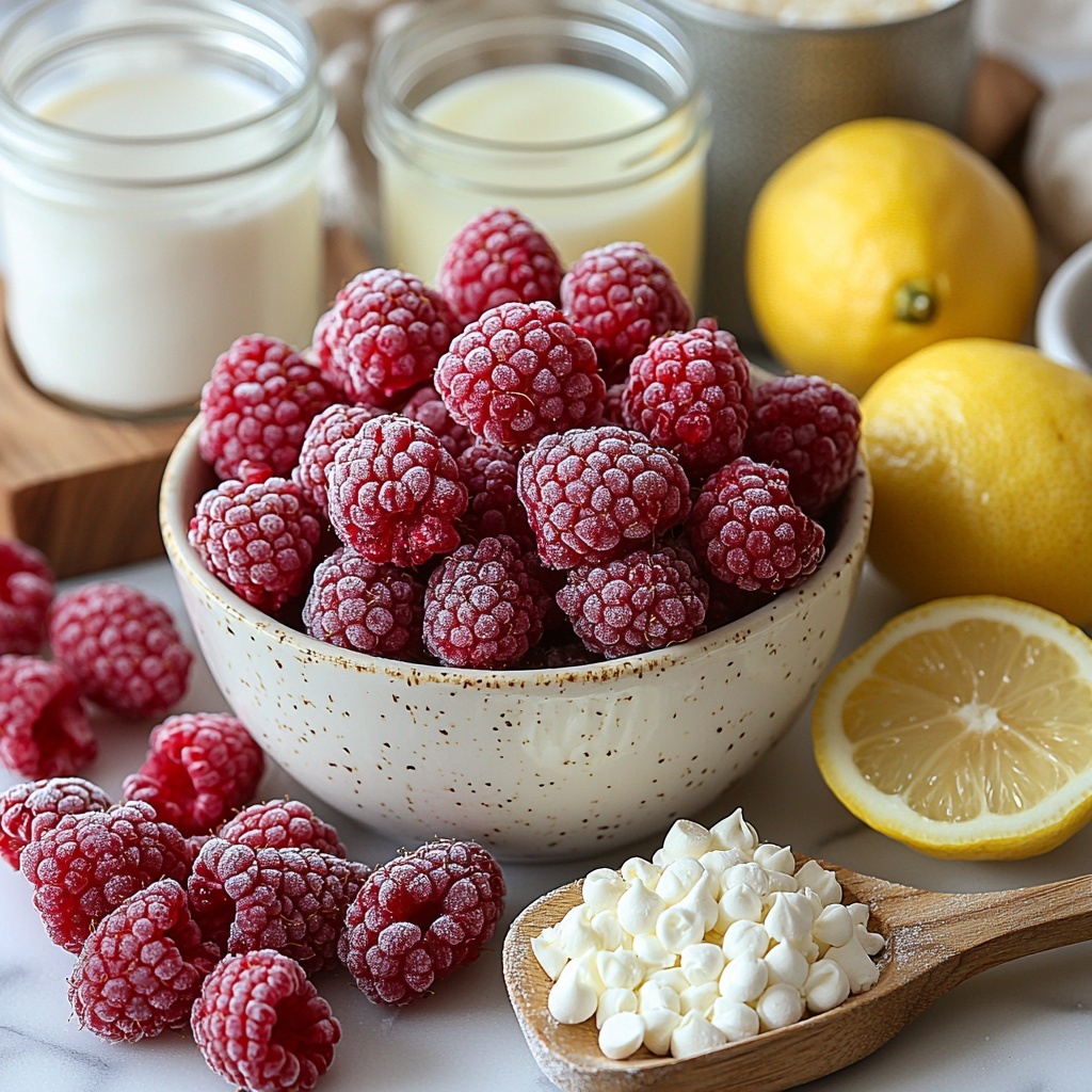 fresh raspberries and frozen raspberries in a small rustic bowl, loose raspberries scattered around; granulated sugar in a small glass jar with a wooden spoon; fresh lemon halves and a small bowl of lemon juice with bright yellow tones; powdered gelatin in a delicate white ceramic dish; cold water in a clear glass cup; heavy whipping cream in a small pitcher with smooth creamy texture; white chocolate chips in a wooden scoop spilling slightly; sweetened condensed milk in a vintage glass jar with a metal lid; granulated sugar again displayed in a shallow white bowl; water in a simple clear glass; pink and red gel food coloring gel tubes with vibrant glossy colors; all ingredients arranged neatly on a clean white marble surface with natural soft daylight, some ingredients placed on small wooden boards and linen napkins for texture contrast, subtle shadows adding depth, minimalistic and elegant styling emphasizing fresh and smooth textures, vibrant reds and creamy whites creating a harmonious palette overhead shot, top down view, flat lay photography, professional food styling --ar 1:1 --q 2 --s 750 --v 6.1