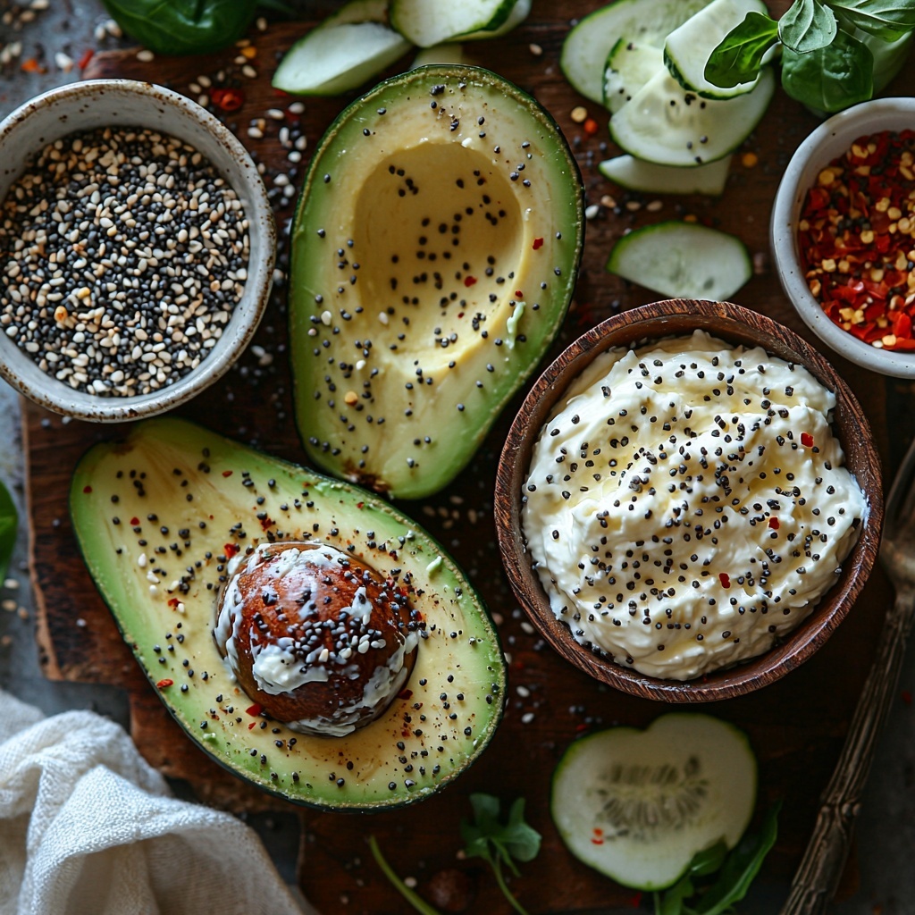 A clean, bright surface with a neatly arranged flat lay of fresh ingredients: one large, ripe avocado halved to reveal vibrant green flesh and a dark brown pit; a small bowl of smooth, creamy white cream cheese at room temperature; a small wooden dish filled with multicolored Everything Bagel Seasoning featuring sesame seeds, poppy seeds, garlic flakes, and onion flakes; a tiny white bowl with bright red chili pepper flakes; and a small glass container holding thick, glossy heavy cream. Natural soft lighting highlights the rich textures—the buttery avocado flesh, the fluffy cream cheese, the coarse seasoning mix, and the creamy liquid. Minimalist styling with a few whole sesame seeds scattered lightly around, a vintage silver fork resting casually to the side, and a crisp white linen napkin folded beneath some ingredients for subtle contrast. The overall composition is airy and balanced, showcasing fresh, vibrant colors and inviting textures. overhead shot, top down view, flat lay photography, professional food styling --ar 1:1 --q 2 --s 750 --v 6.1