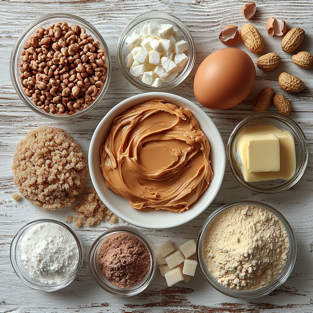 A clean white wooden surface neatly arranged with the main ingredients for peanut butter cookies: a small bowl of creamy peanut butter with its glossy, smooth texture, a pat of softened unsalted butter showing its pale yellow, creamy softness on a small dish, two small glass bowls—one filled with light golden granulated sugar crystals and the other with rich, dark brown packed brown sugar showcasing its moist texture. Nearby, a large brown egg with a smooth shell, a small clear glass container of amber vanilla extract, a mound of fine, pale all-purpose flour on a white ceramic plate, a small heap of off-white baking soda powder, and a tiny pile of fine white salt, all spaced evenly and artfully with subtle shadows and soft natural light emphasizing textures and warm tones. The arrangement feels balanced and inviting with pops of natural wood grain visible on the clean surface, minimal props, and a calm, neutral color palette that highlights the ingredients’ colors and textures flawlessly. Overhead shot, top down view, flat lay photography, professional food styling --ar 1:1 --q 2 --s 750 --v 6.1
