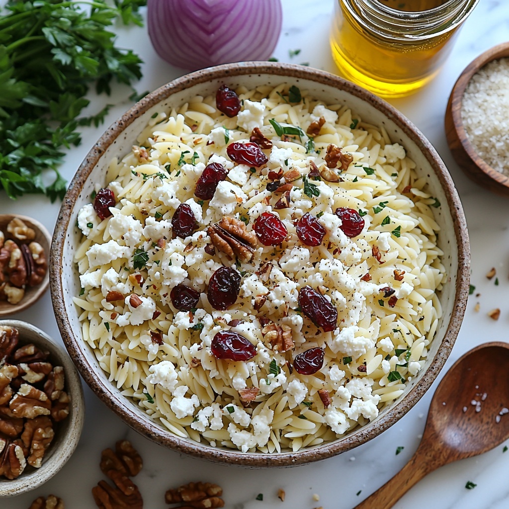 dry orzo pasta in a small white bowl, golden olive oil in a glass drizzle jar, vibrant ruby red dried cranberries scattered artfully, creamy white crumbled goat cheese in a rustic ceramic dish, finely chopped purple-red onion arranged in a neat pile, rough chopped walnuts or pecans in a wooden bowl, bright green fresh parsley leaves loosely spread, a small clear bowl with fresh lemon juice, a vintage bottle of apple cider vinegar with a warm amber hue, coarse salt crystals and cracked black peppercorns sprinkled subtly on a clean white marble surface, natural soft daylight highlighting varied textures and colors, rustic wooden spoon and linen napkin adding warm homey touches, minimal shadows for crisp details, clean and bright aesthetic, overhead shot, top down view, flat lay photography, professional food styling --ar 1:1 --q 2 --s 750 --v 6.1