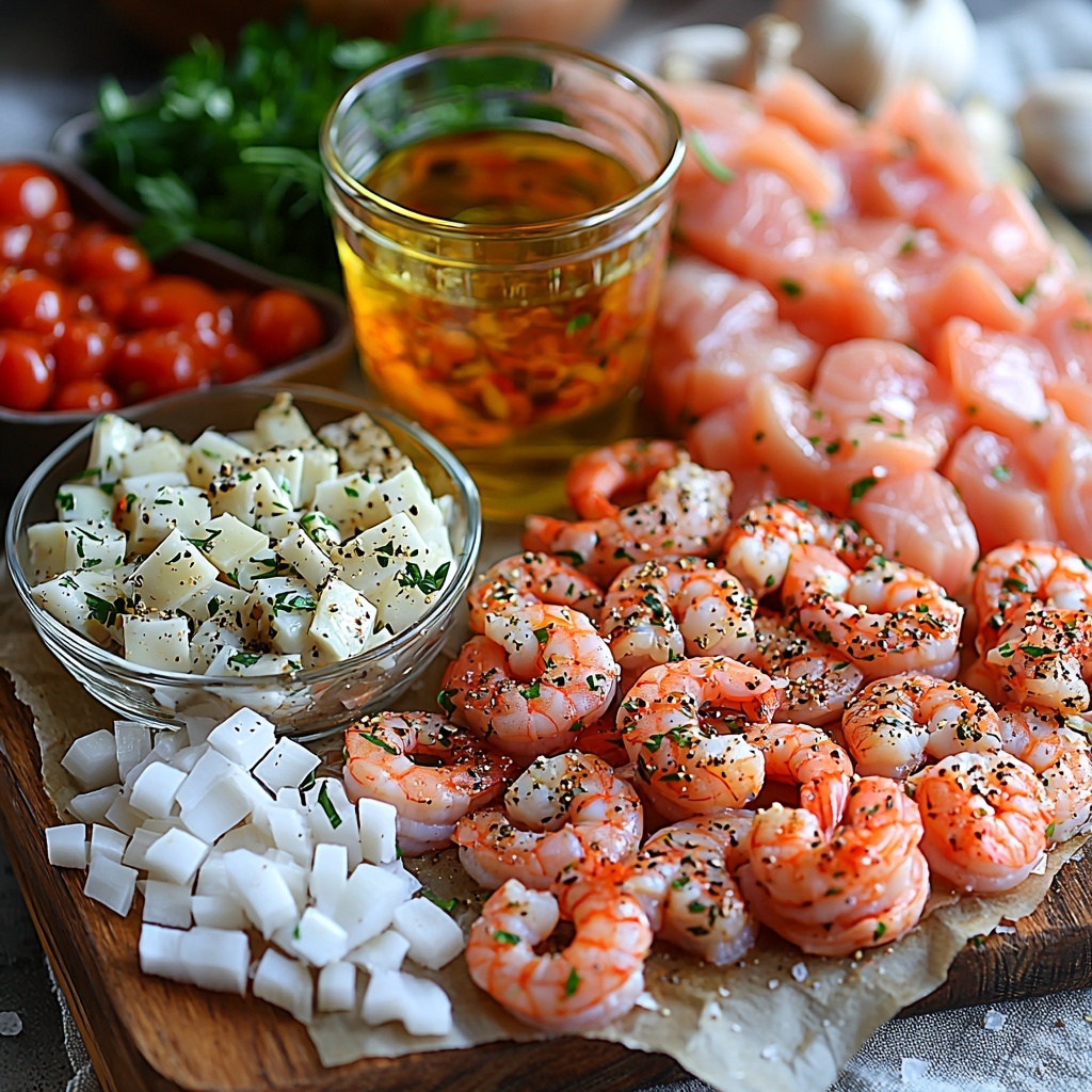 2 tablespoons golden olive oil in a small glass bowl, finely diced white onion piled neatly, 4 cloves of minced garlic arranged in a small heap, a rustic can of bright red crushed tomatoes with some spilled around the rim, a clear glass cup filled with pale golden fish stock or broth, an assortment of fresh mixed seafood including pink shrimp, silvery fish fillets, and unopened clams arranged artfully on natural parchment paper, small piles of coarse sea salt and cracked black peppercorns scattered nearby, all placed on a clean white or light wood surface to highlight the vibrant colors and contrasting textures, natural soft lighting emphasizing freshness and creating gentle shadows, styled with rustic kitchen props like a wooden spoon and linen napkin subtly in the frame, overhead shot, top down view, flat lay photography, professional food styling --ar 1:1 --q 2 --s 750 --v 6.1